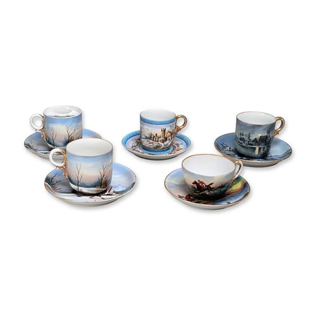 German Hand Painted Porcelain Demitasse Cup and Saucer Grouping