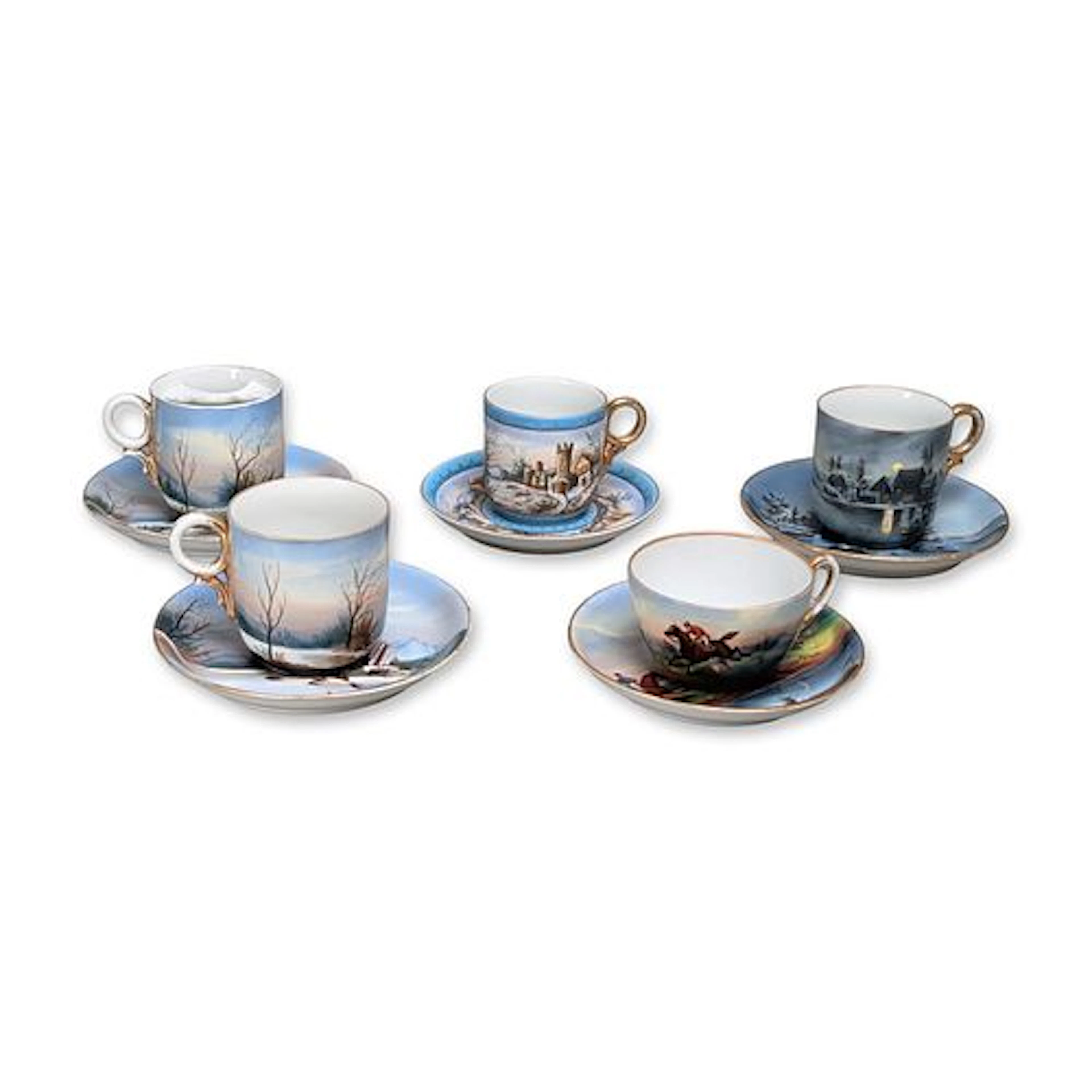 German Hand Painted Porcelain Demitasse Cup and Saucer Grouping