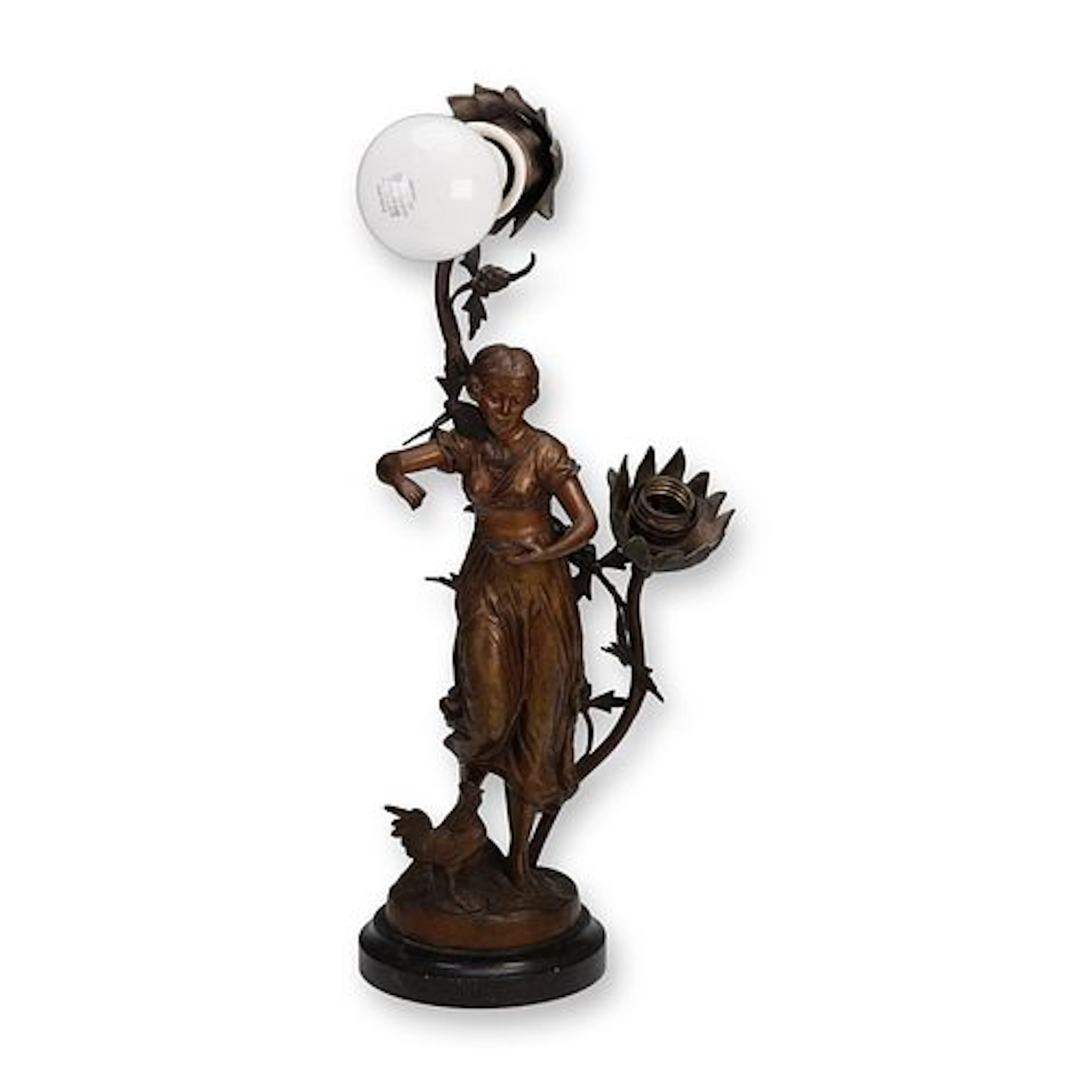 Figural Bronze-Tone Table Lamp with Floral Sockets on Marble Base