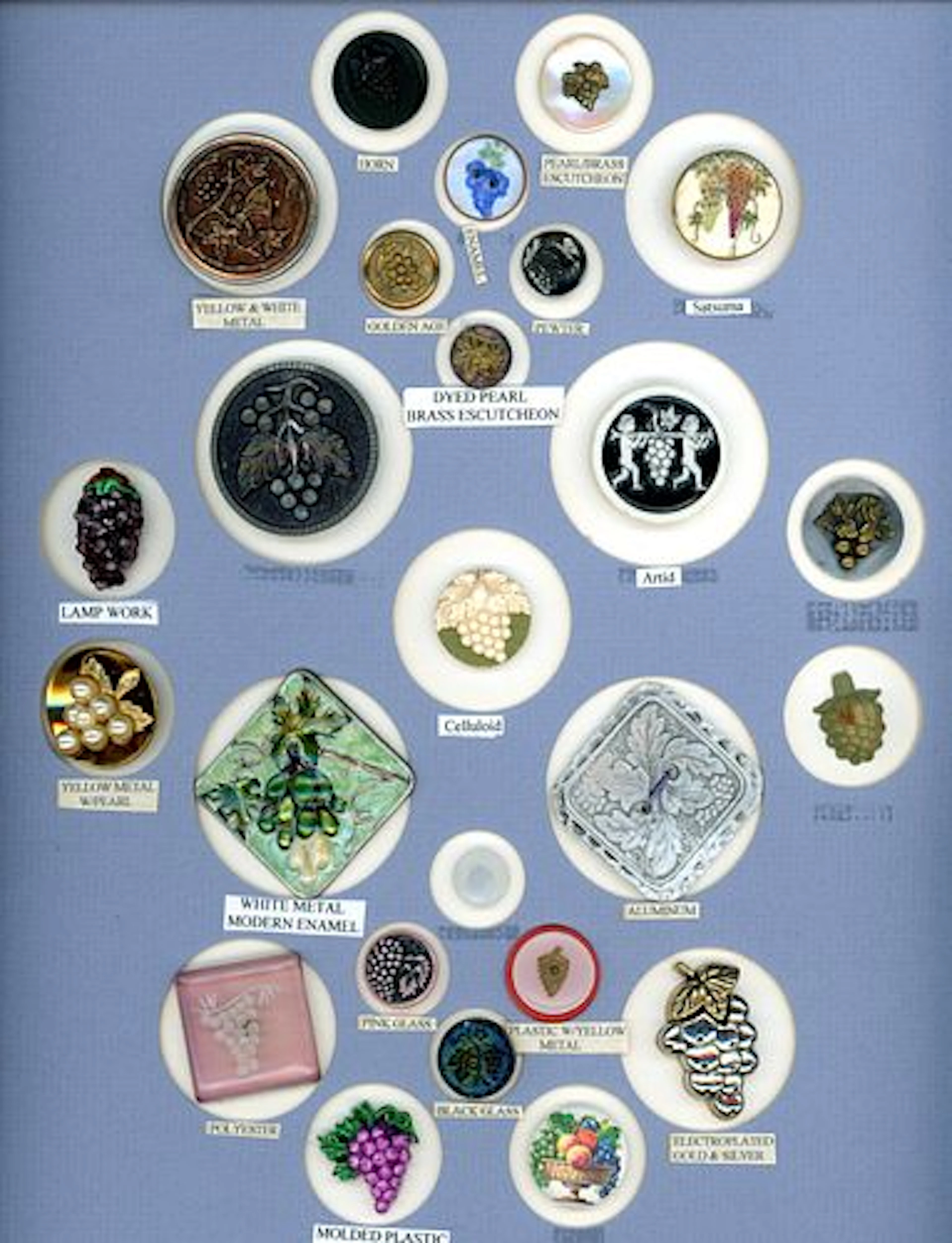 A CARD OF DIVISION ONE AND THREE GRAPE BUTTONS