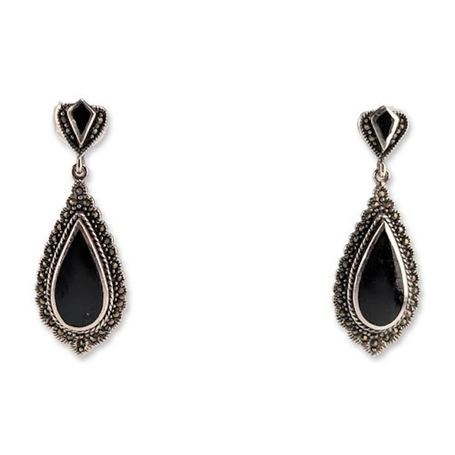 Sterling Silver Onyx and Marcasite Drop Earrings