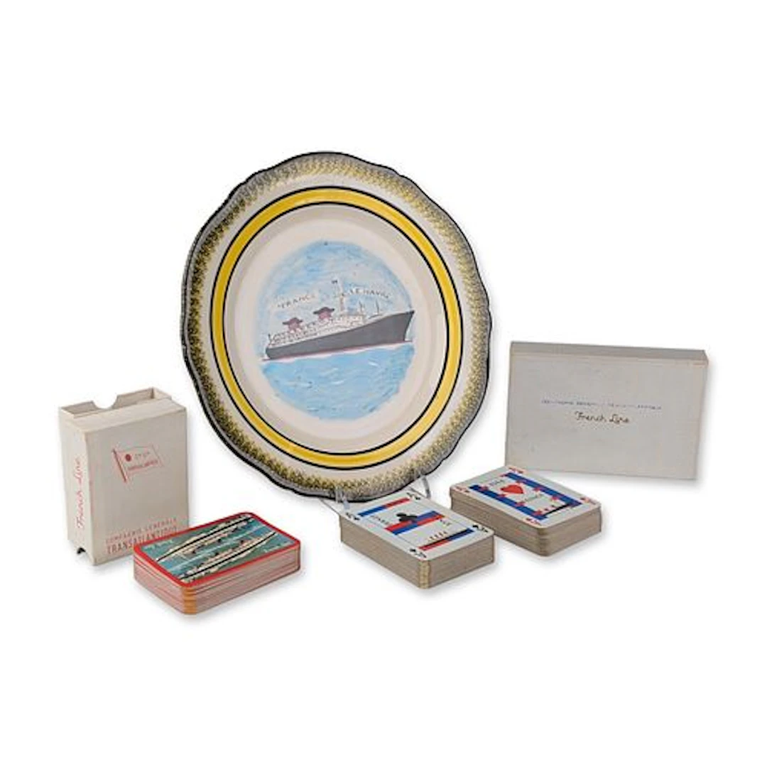 3pc French Line SS France Souvenir Plate and Playing Cards