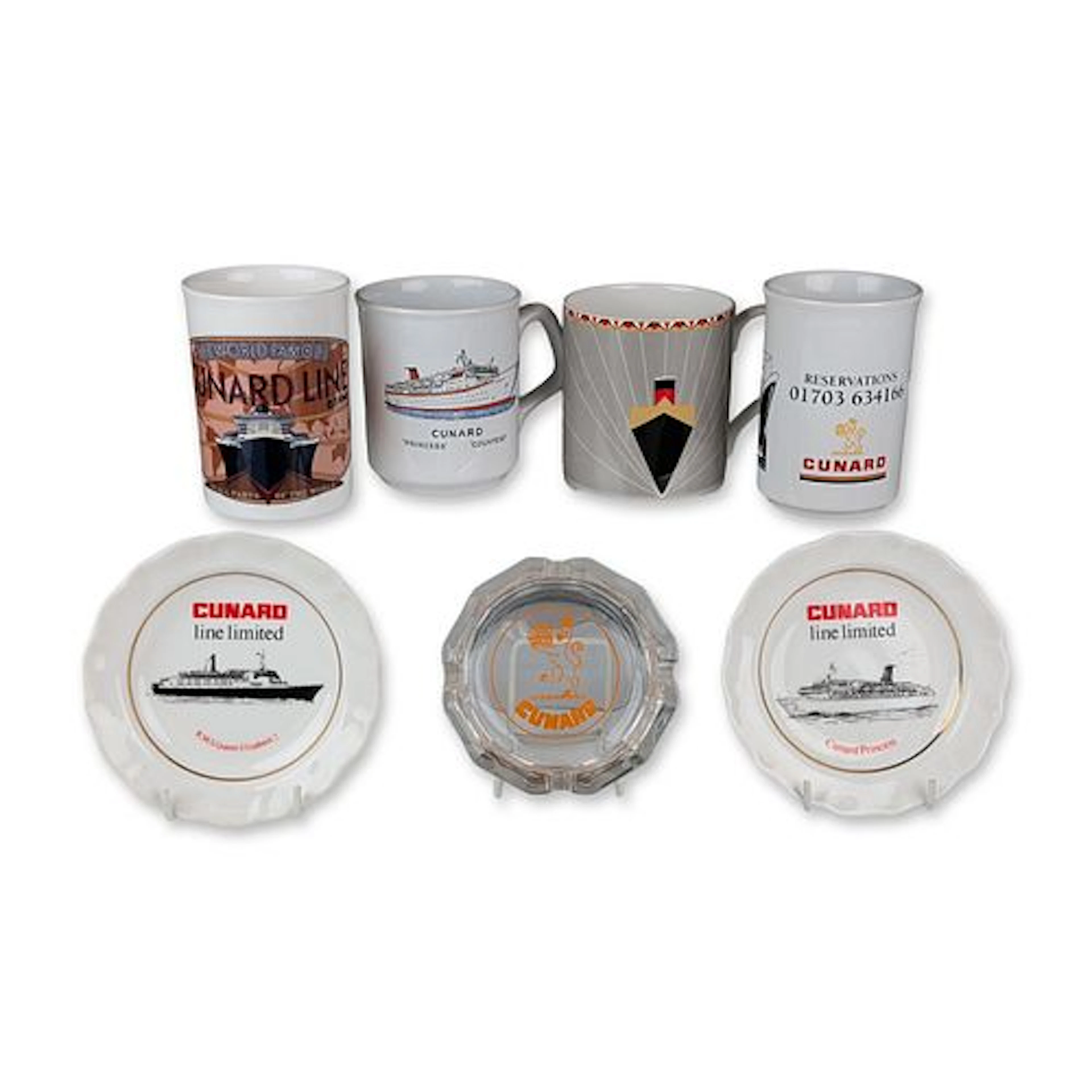 7pc Cunard Line Maritime Mugs, Plates, and Ashtray - Includes William