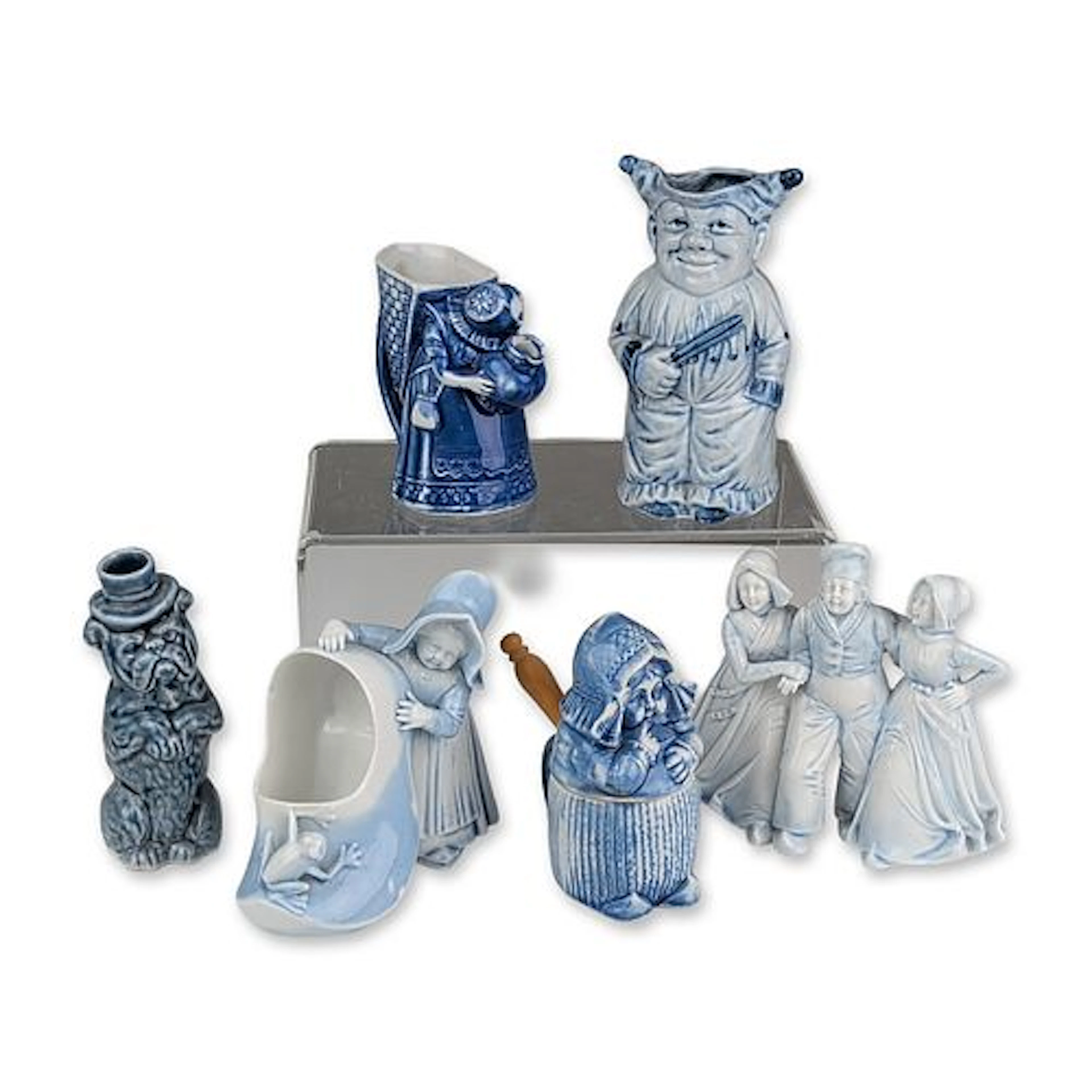 Collection of Blue and White Dutch Style Ceramic Figurines and Vessels