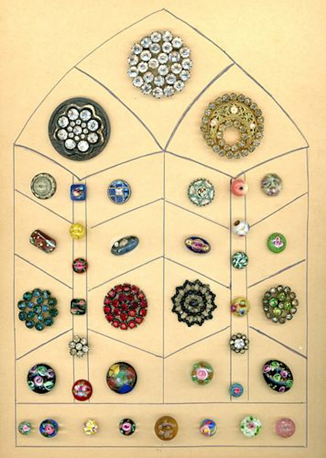 A CARD OF DIVISION 1 & 3 GLASS & GLASS IN METAL BUTTONS