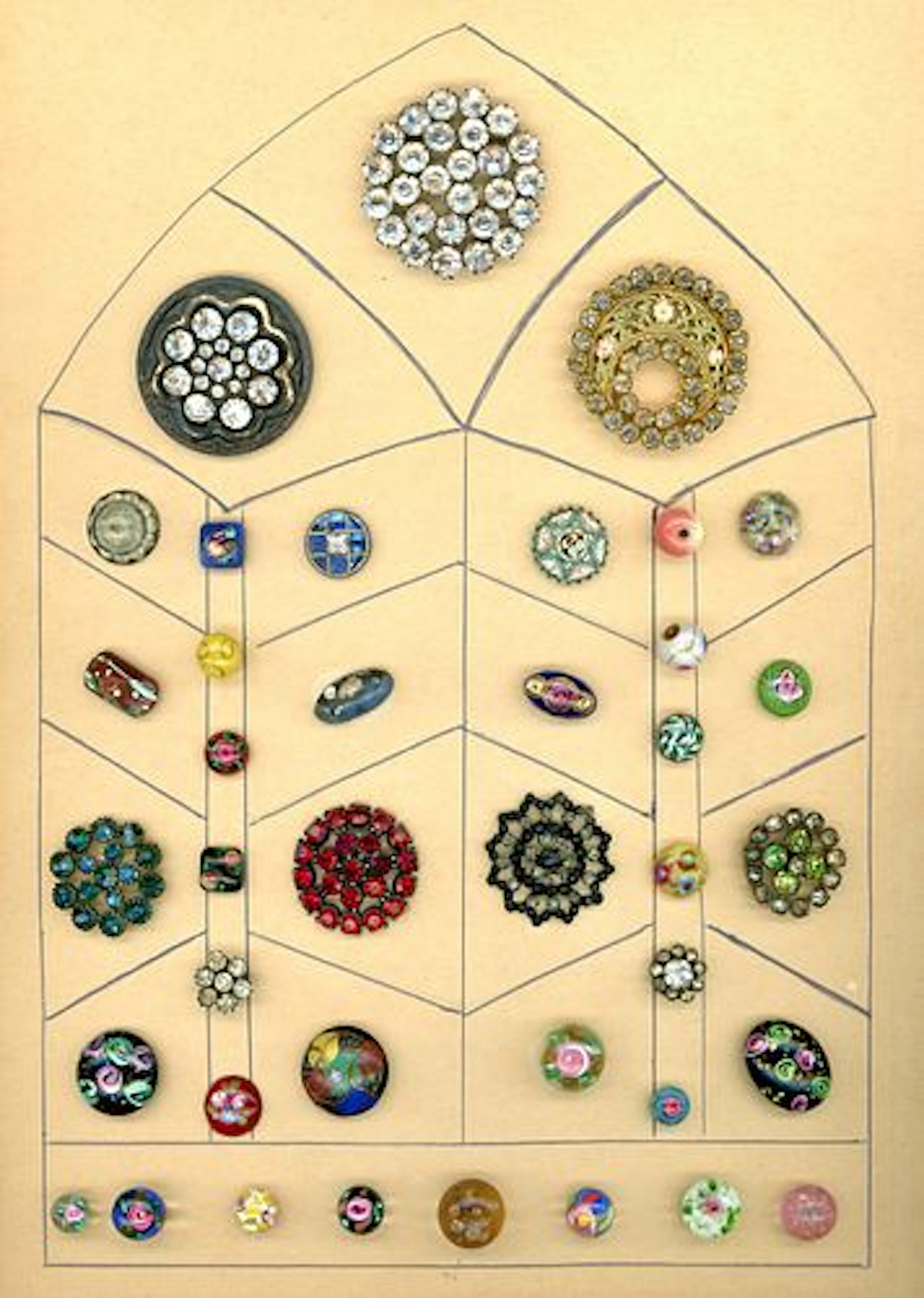 A CARD OF DIVISION 1 & 3 GLASS & GLASS IN METAL BUTTONS
