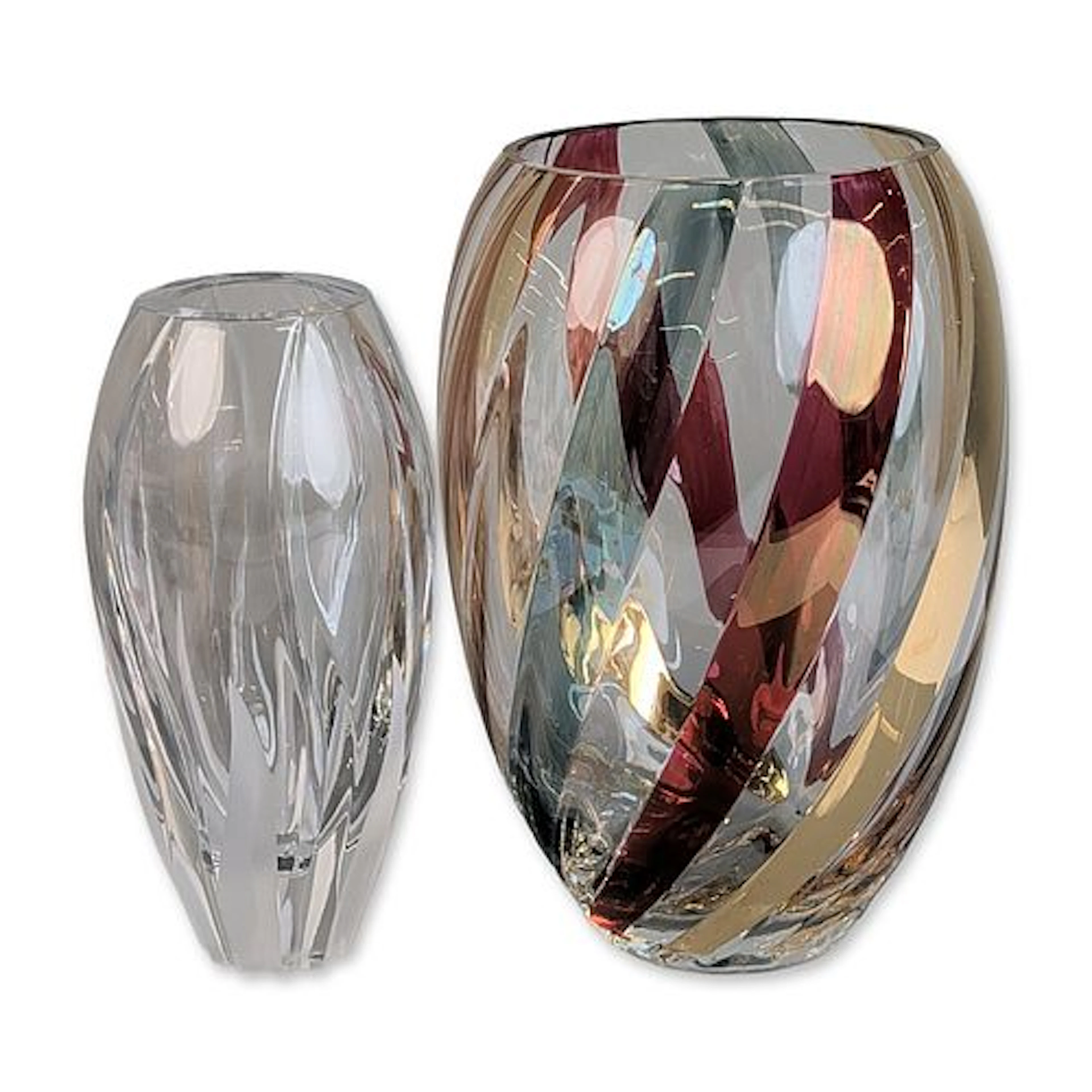 Two Art Glass Vases Including Multi-Colored Ribbon and Ribbed Bud Vase