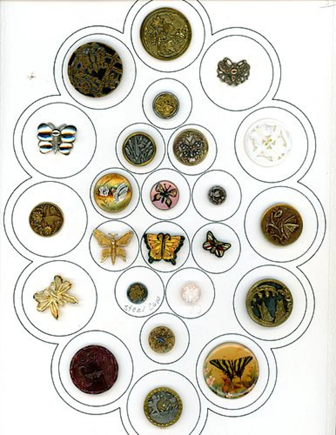 A CARD OF DIVISION ONE AND THREE BUTTERFLY BUTTONS