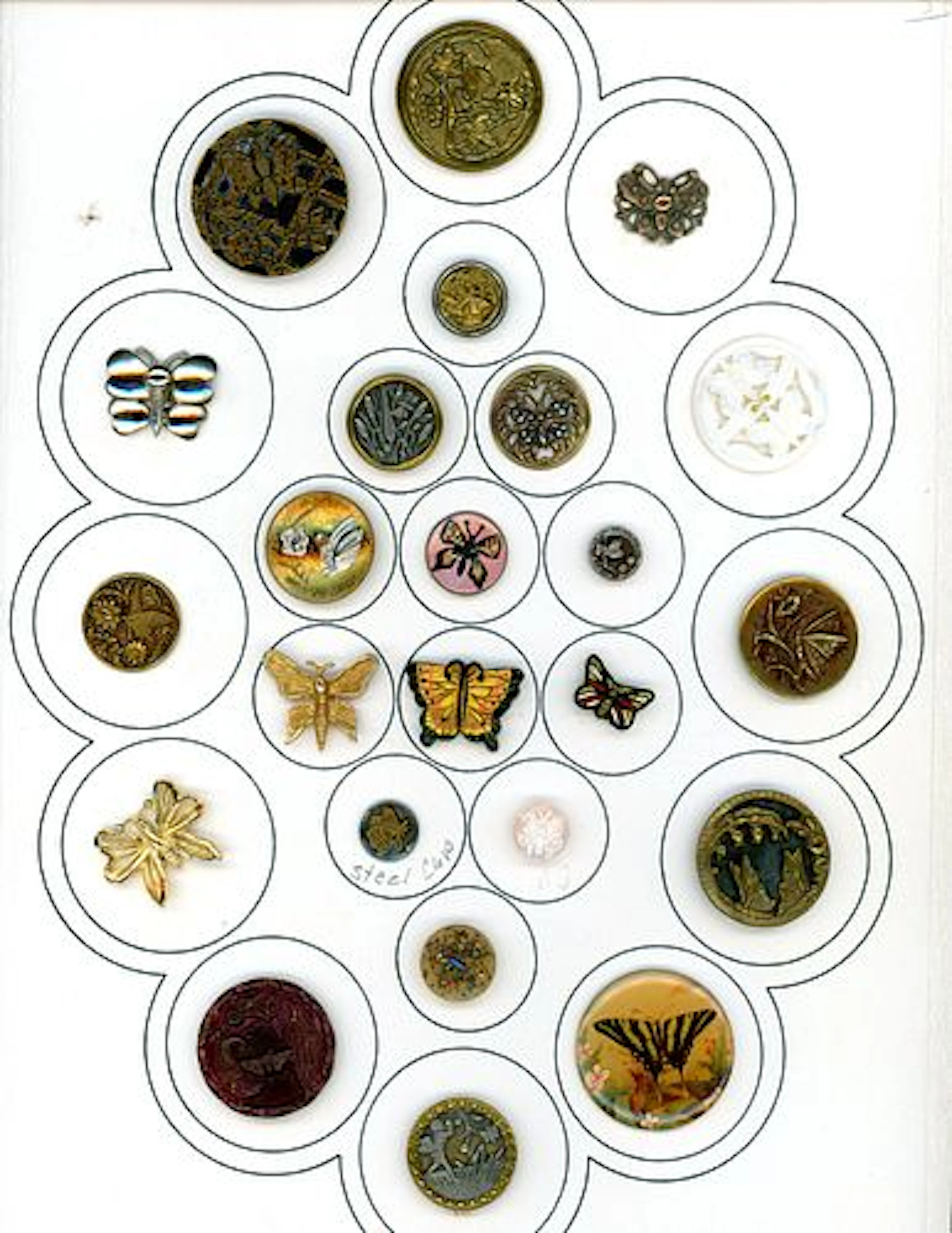 A CARD OF DIVISION ONE AND THREE BUTTERFLY BUTTONS