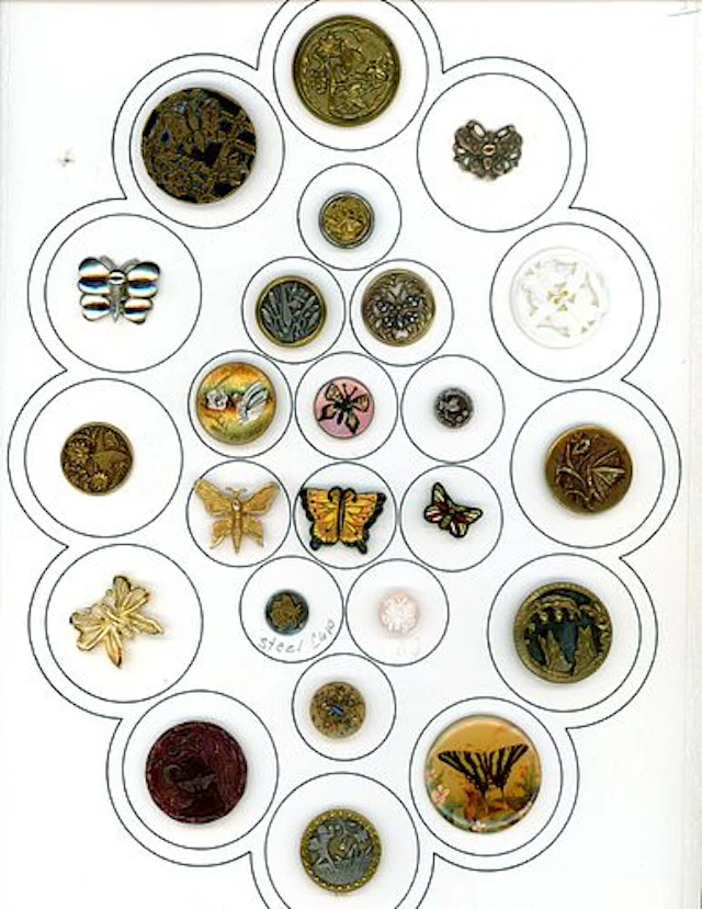 A CARD OF DIVISION ONE AND THREE BUTTERFLY BUTTONS