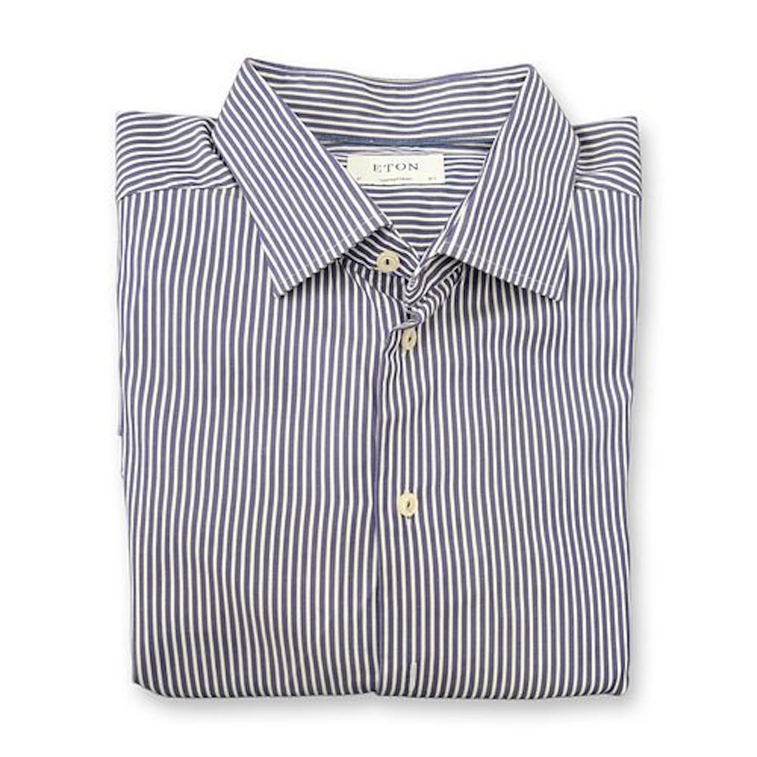 Eton Blue and White Bengal Striped Cotton Twill Dress Shirt