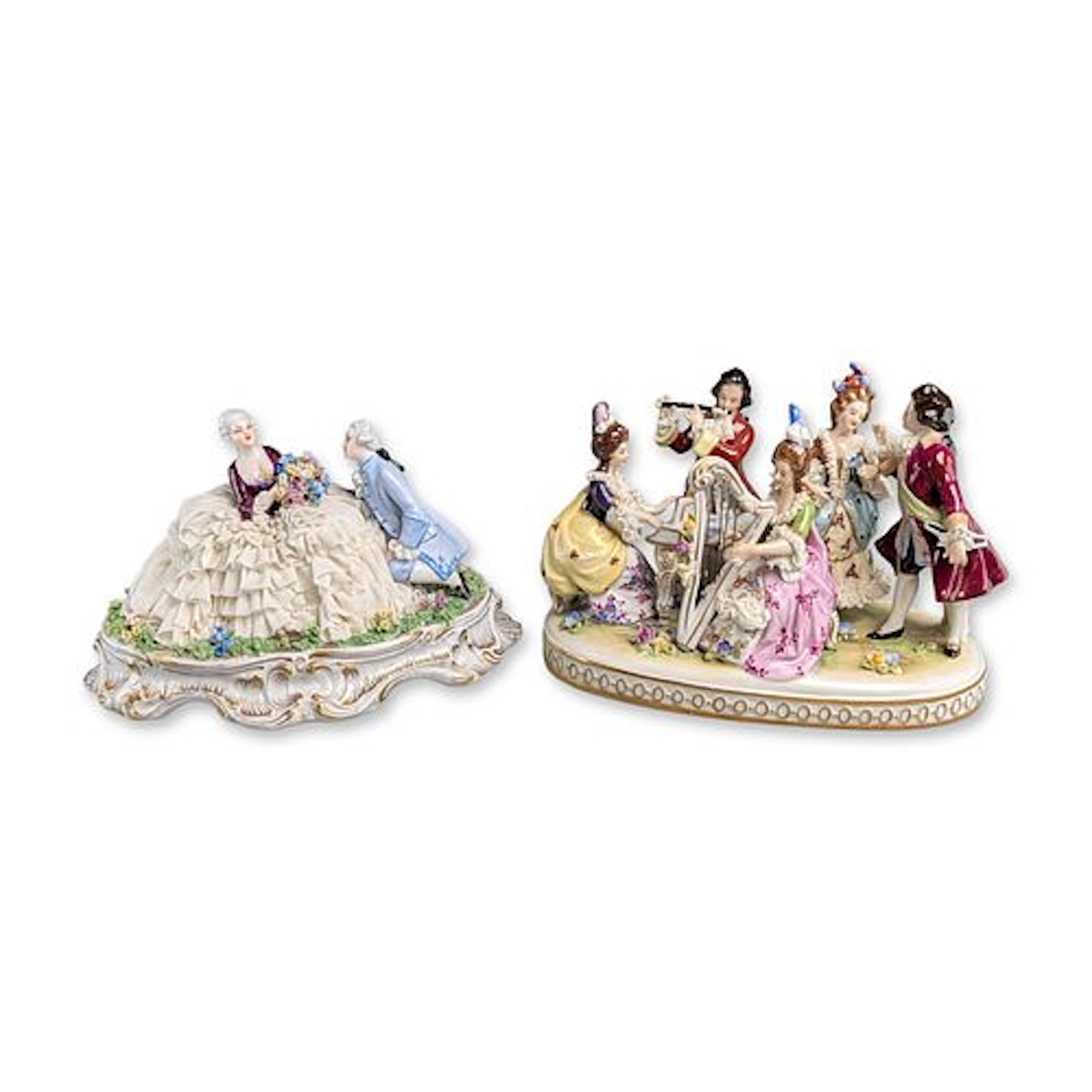 2pc Luigi Fabris Italy and Volkstedt Germany Porcelain Rococo Figural Groups
