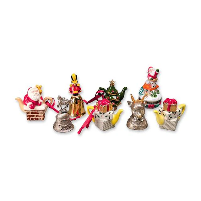 8pc Collection of Holiday Themed Miniature Teapots, Bells, and Box