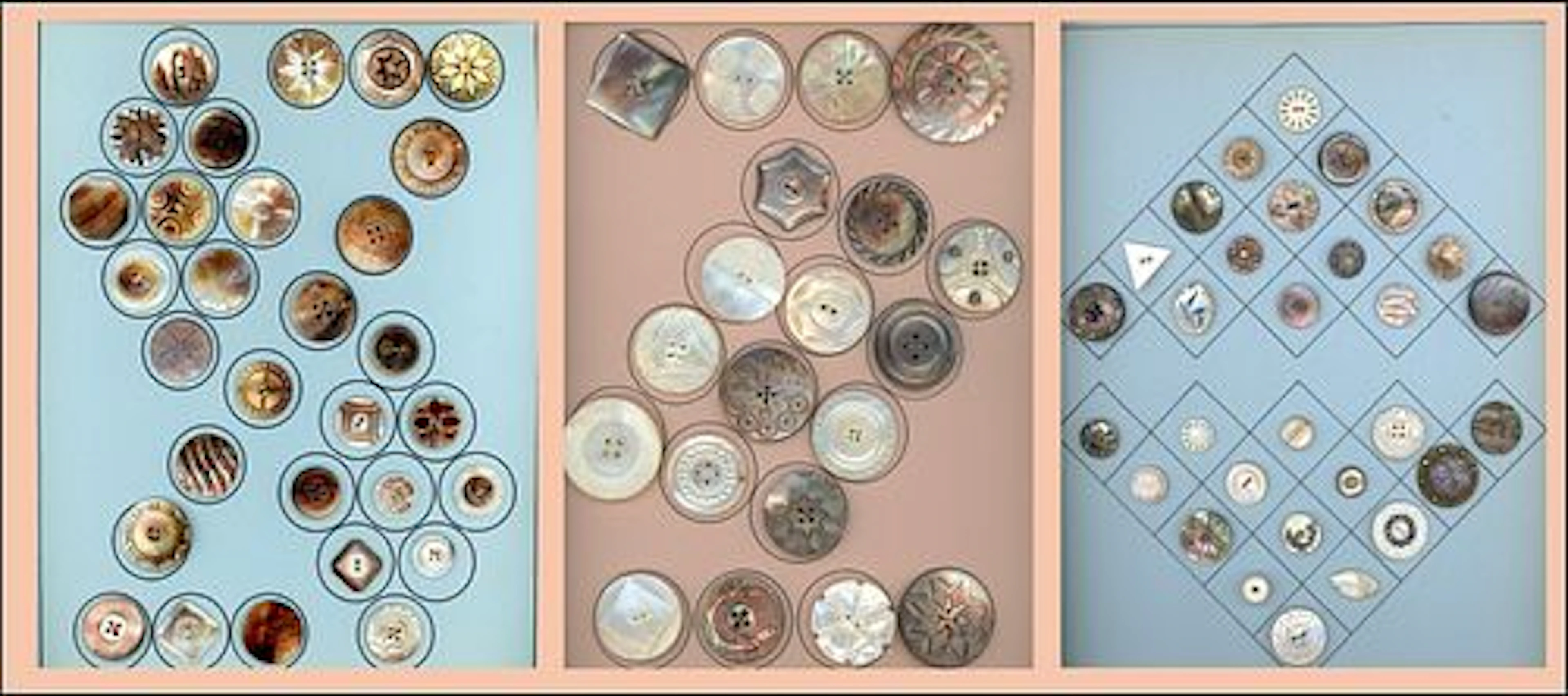 3 CARDS OF DIVISION ONE SHELL BUTTONS