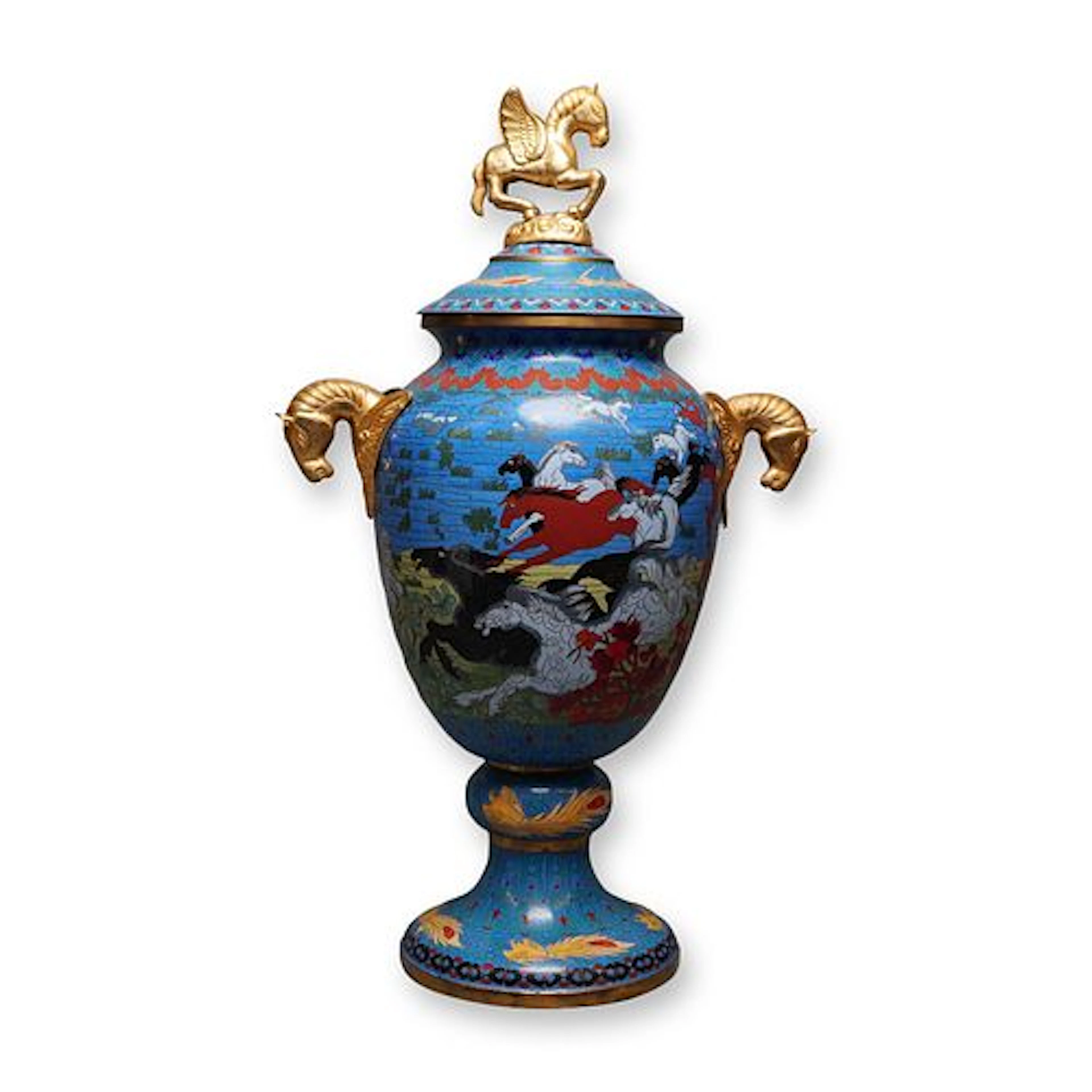 Chinese Cloisonne Covered Urn with Horse Design