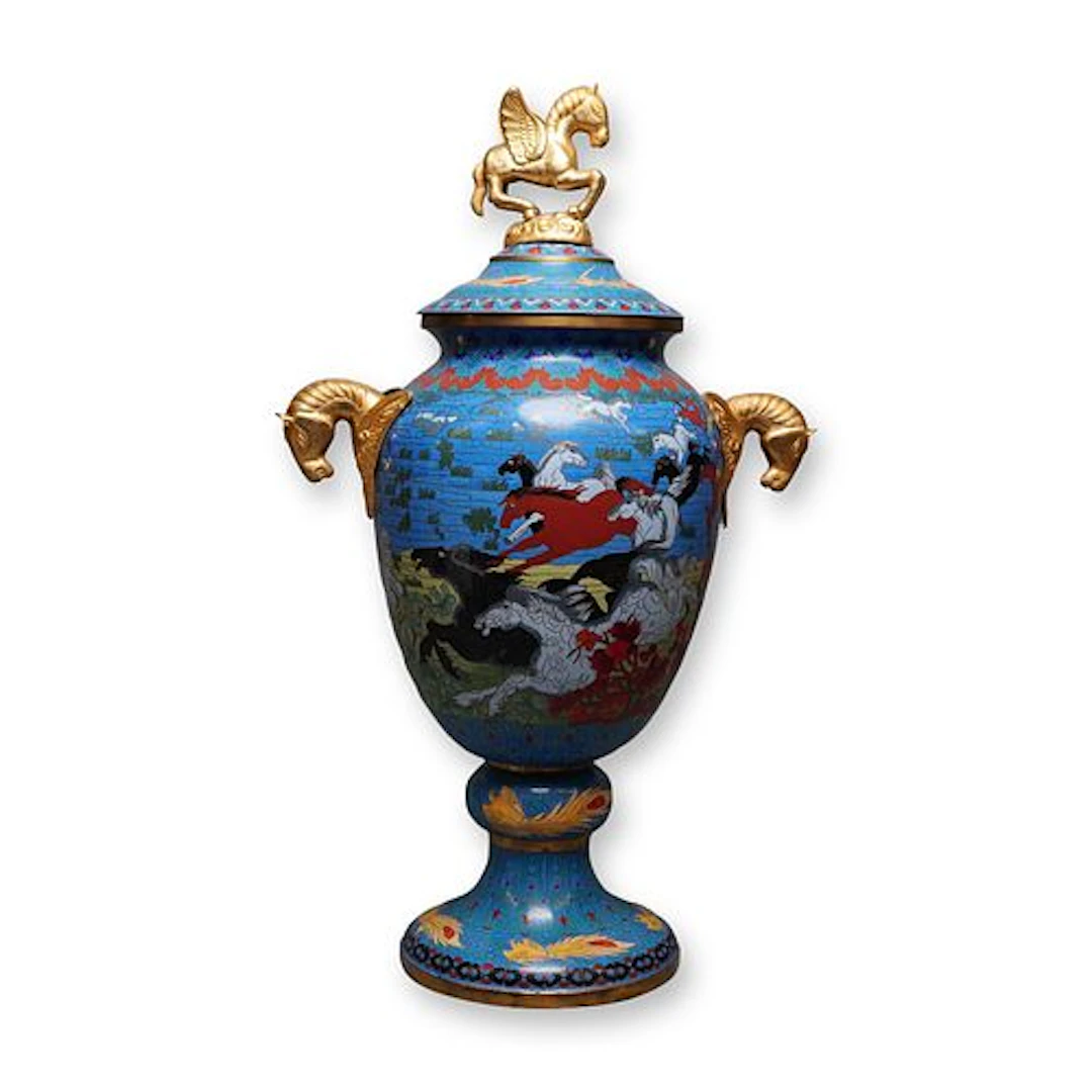 Chinese Cloisonne Covered Urn with Horse Design