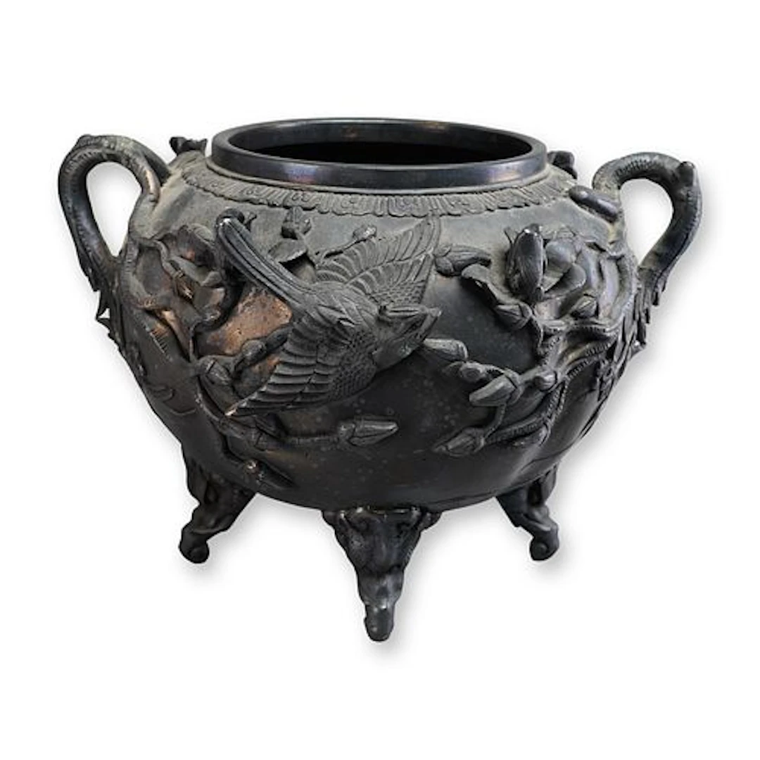 Japanese Bronze Lobed Jardiniere Bird and Flowers