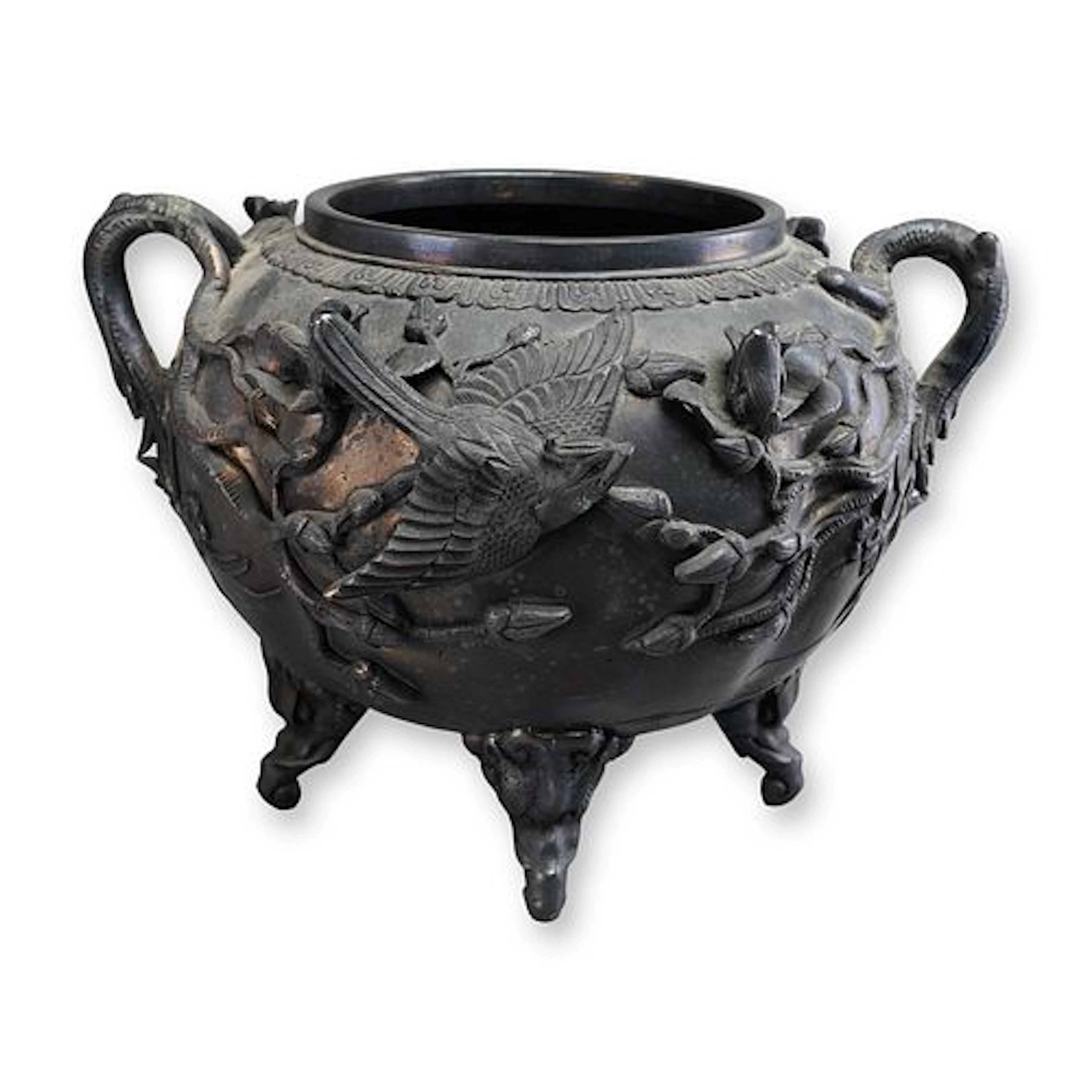 Japanese Bronze Lobed Jardiniere Bird and Flowers