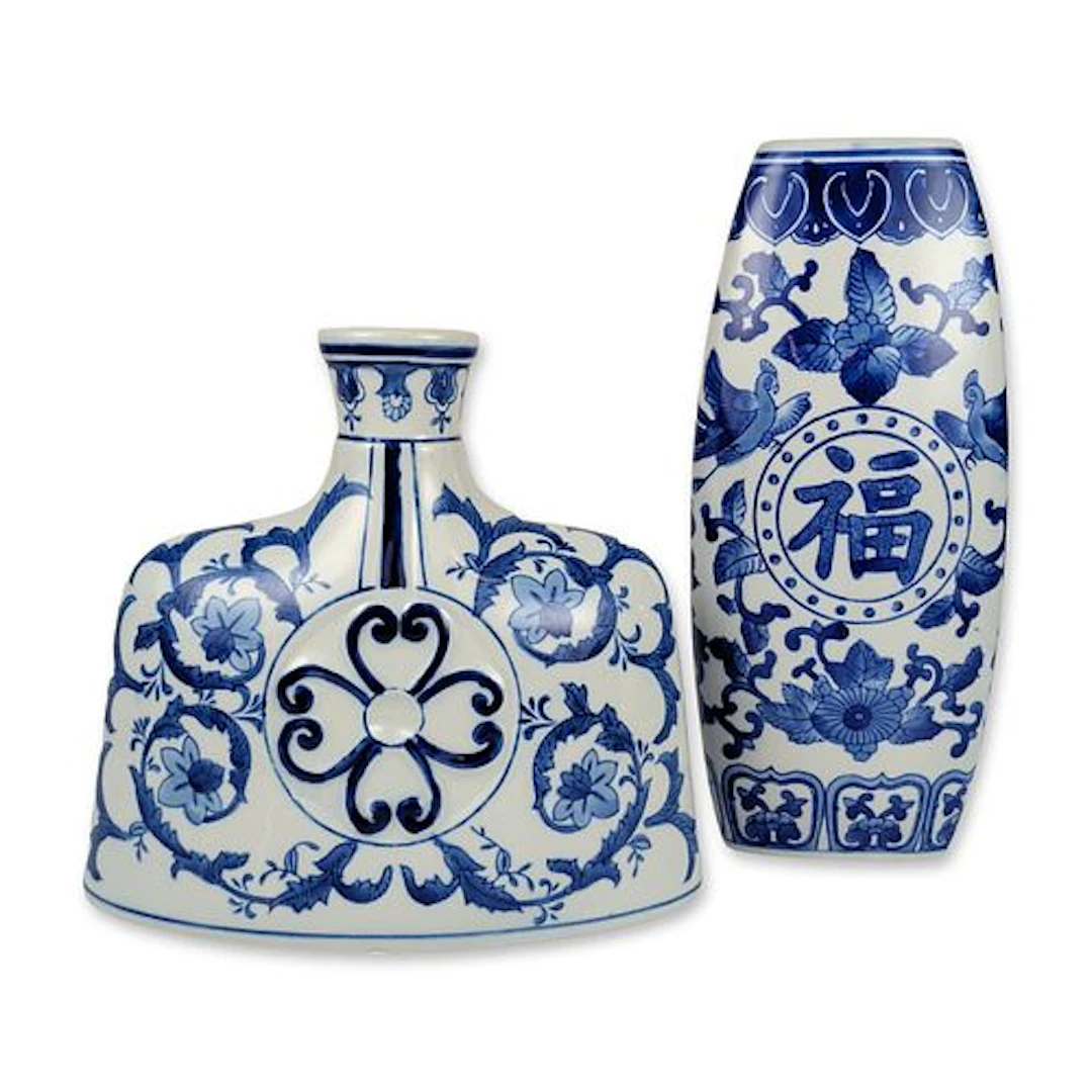 2pc Chinese Blue and White Geometric Porcelain Vases