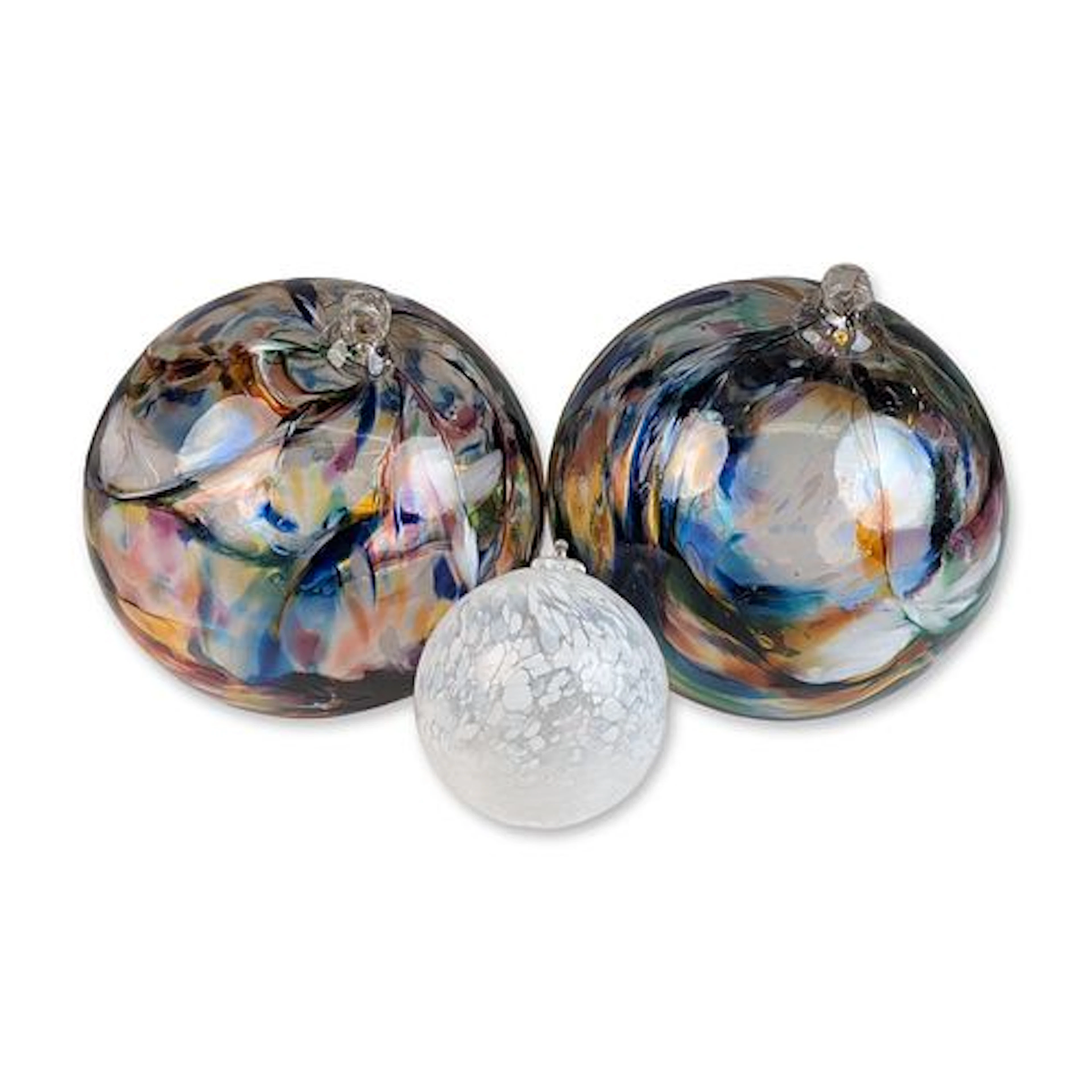 3pc Large Hand Blown Iridescent Glass Spheres with White Confetti