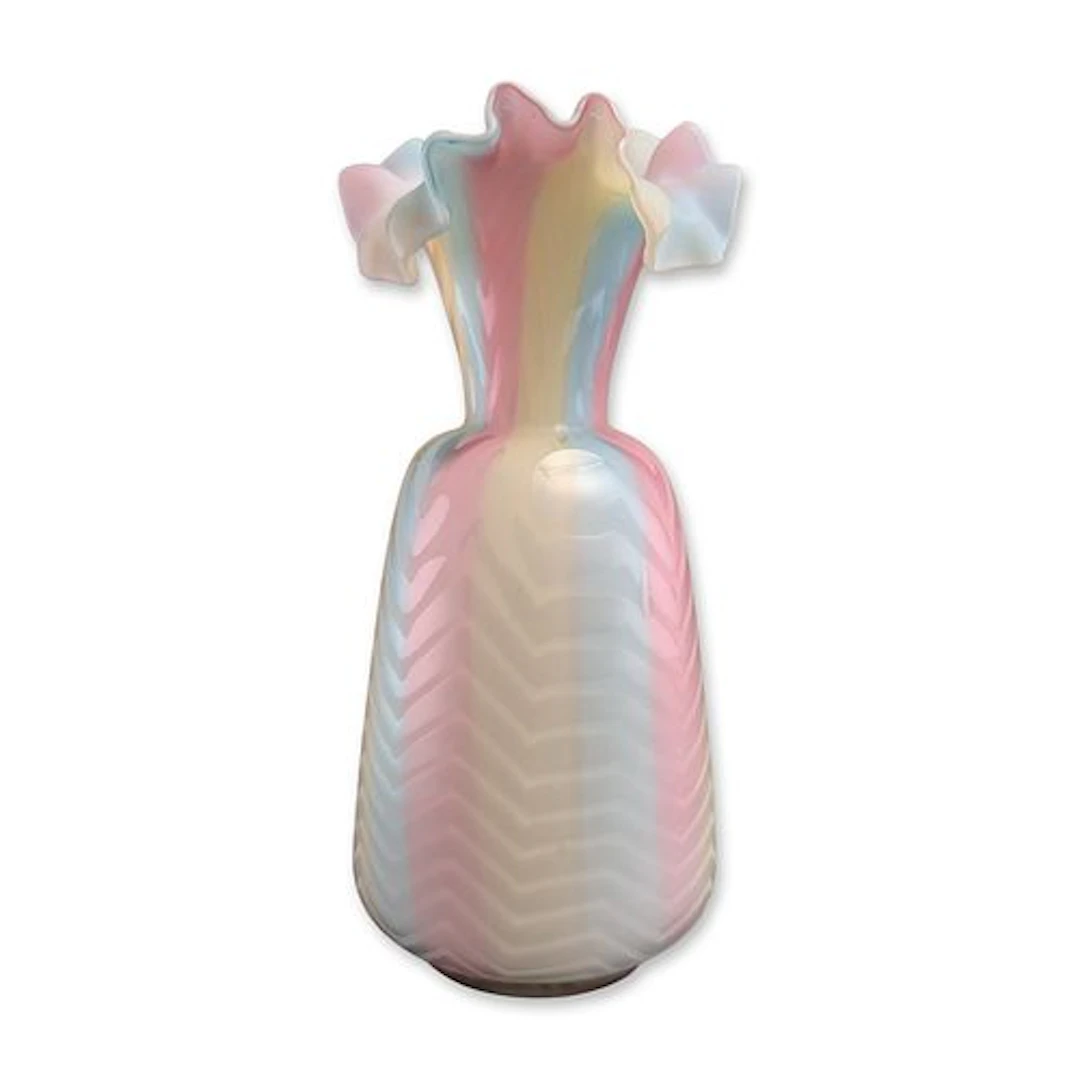 Victorian Rainbow Mother of Pearl Satin Glass Herringbone Pattern Vase