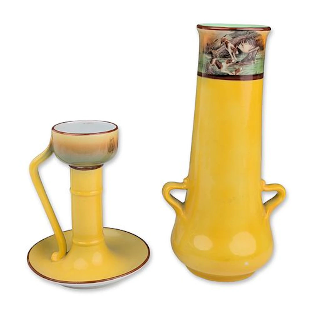 2pc Royal Bayreuth Porcelain Hunting Scene Vase and Chamberstick