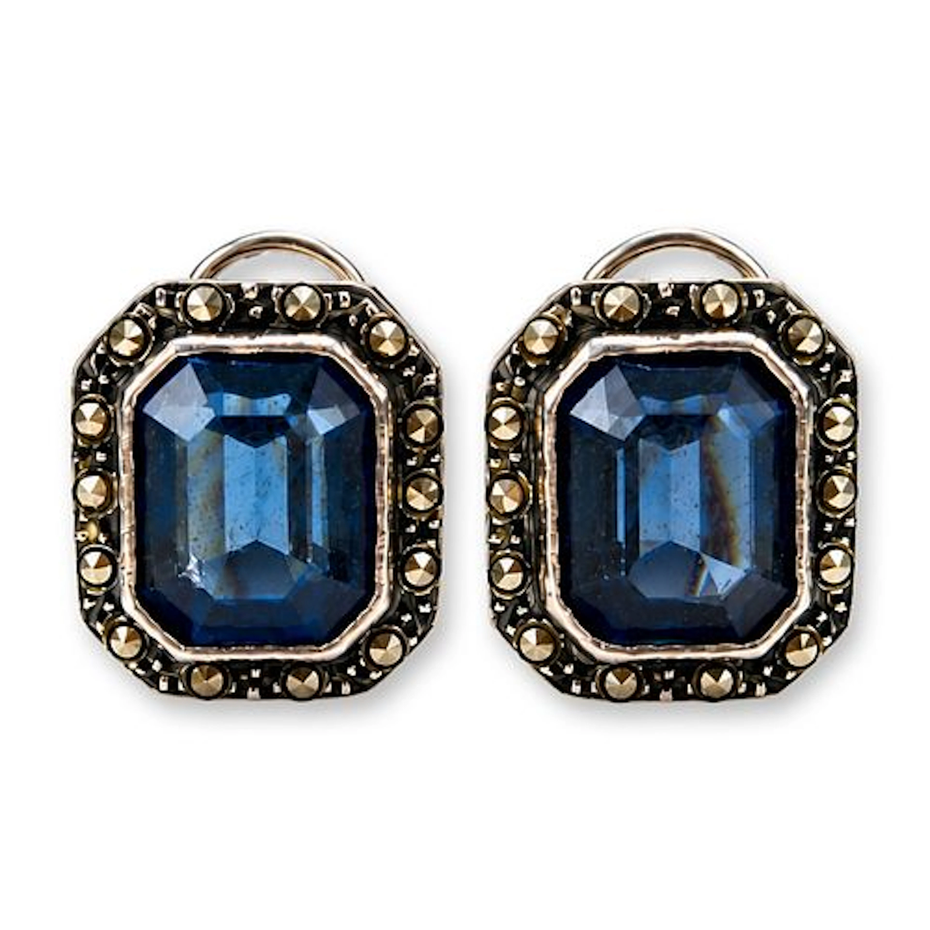 Pair of Art Deco Style Blue Stone and Marcasite Sterling Silver Earrings