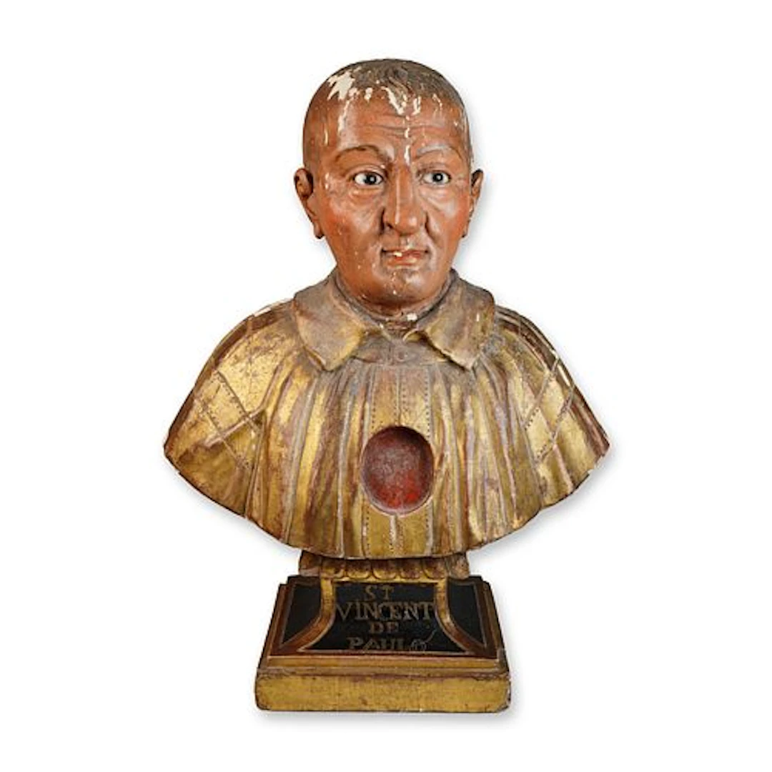 2pc St. Vincent De Paulo Gilt and Lacquer Reliquary Bust and Stand