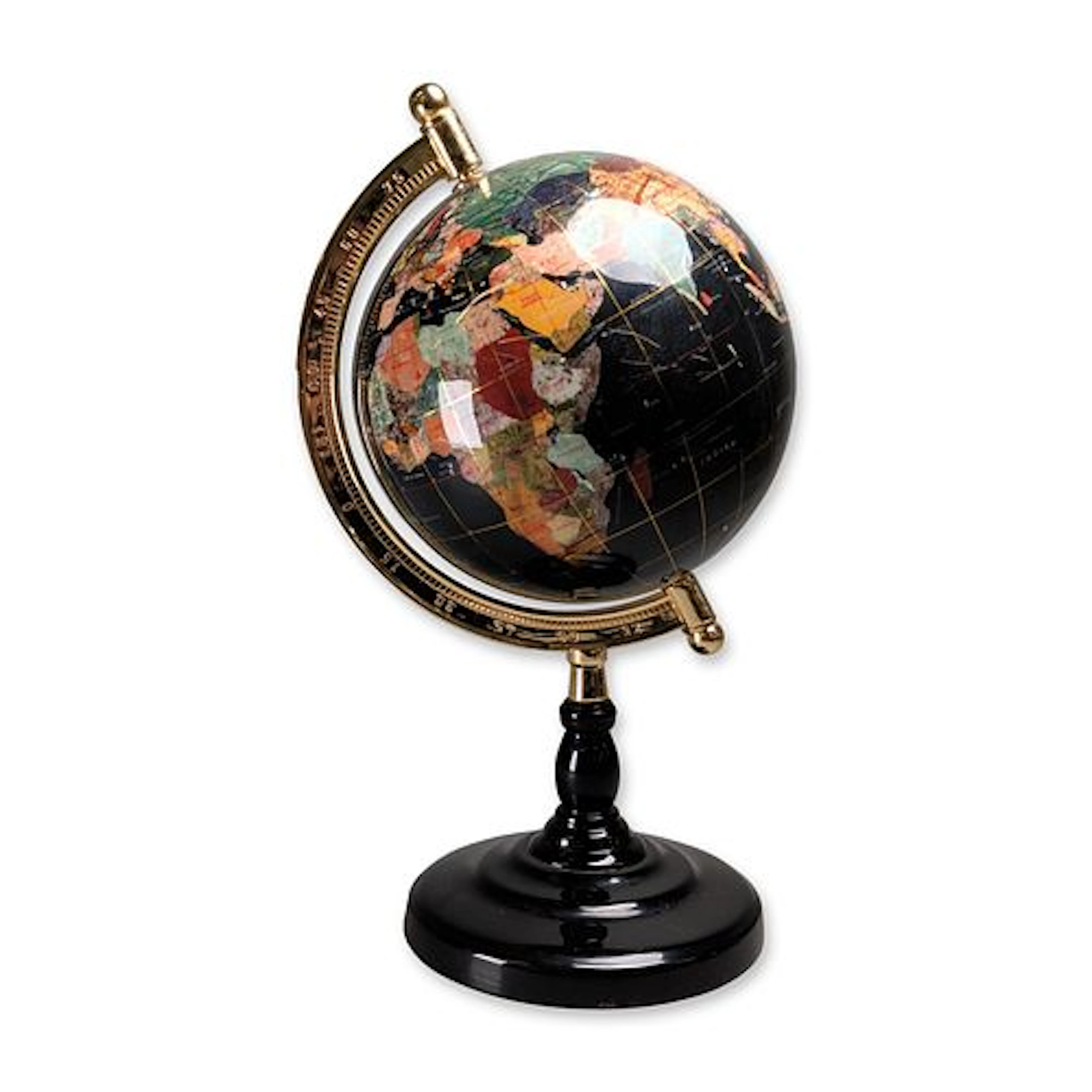 Gemstone Inlaid Terrestrial Globe on Black Pedestal Base