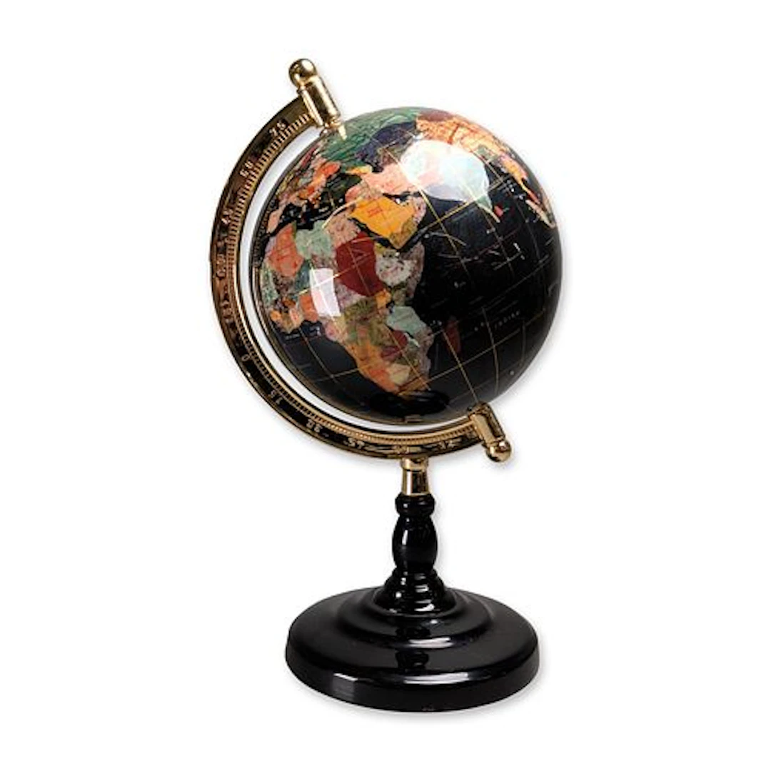 Gemstone Inlaid Terrestrial Globe on Black Pedestal Base