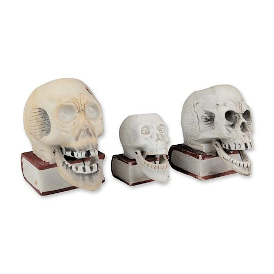 3pc Japanese Bisque Skull on Book Nodder Figurines