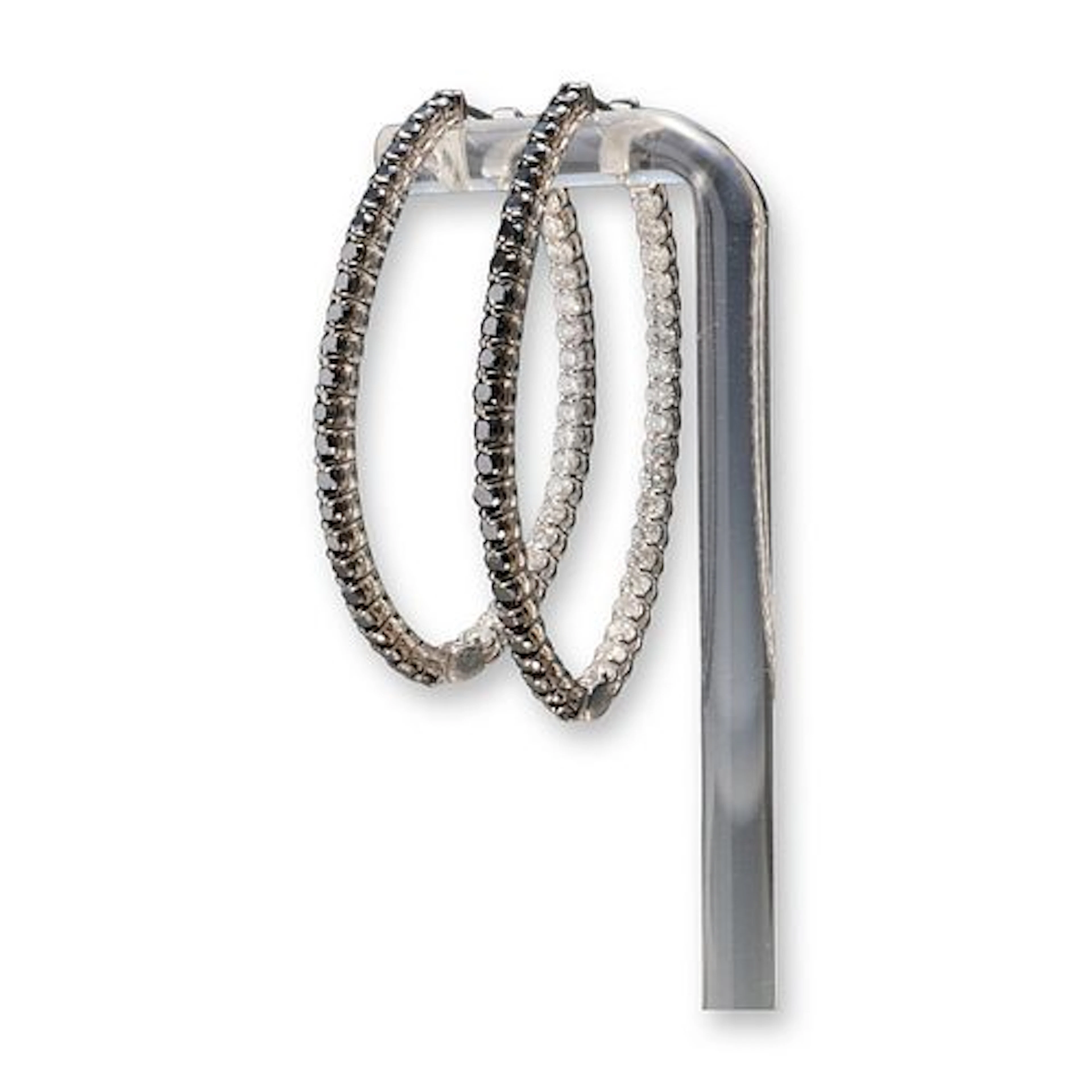 Pair of 14K White Gold 2.77ctw Black & White Diamond Oval Hoop Earrings