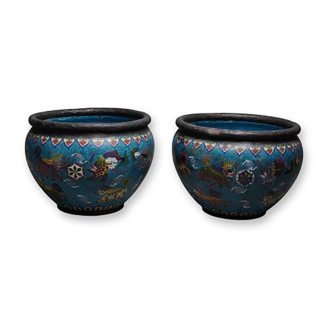 2pc Chinese Cloisonne Planters Buddhist Foo Dog Design