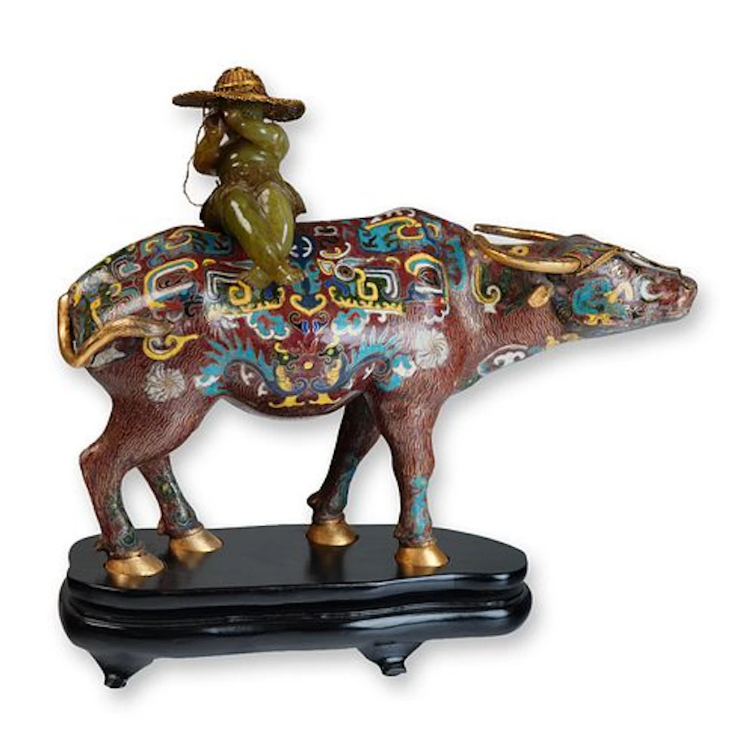 4pc Chinese Cloisonne Ox with Stone Boy, Gilt Hat, and Wooden Base