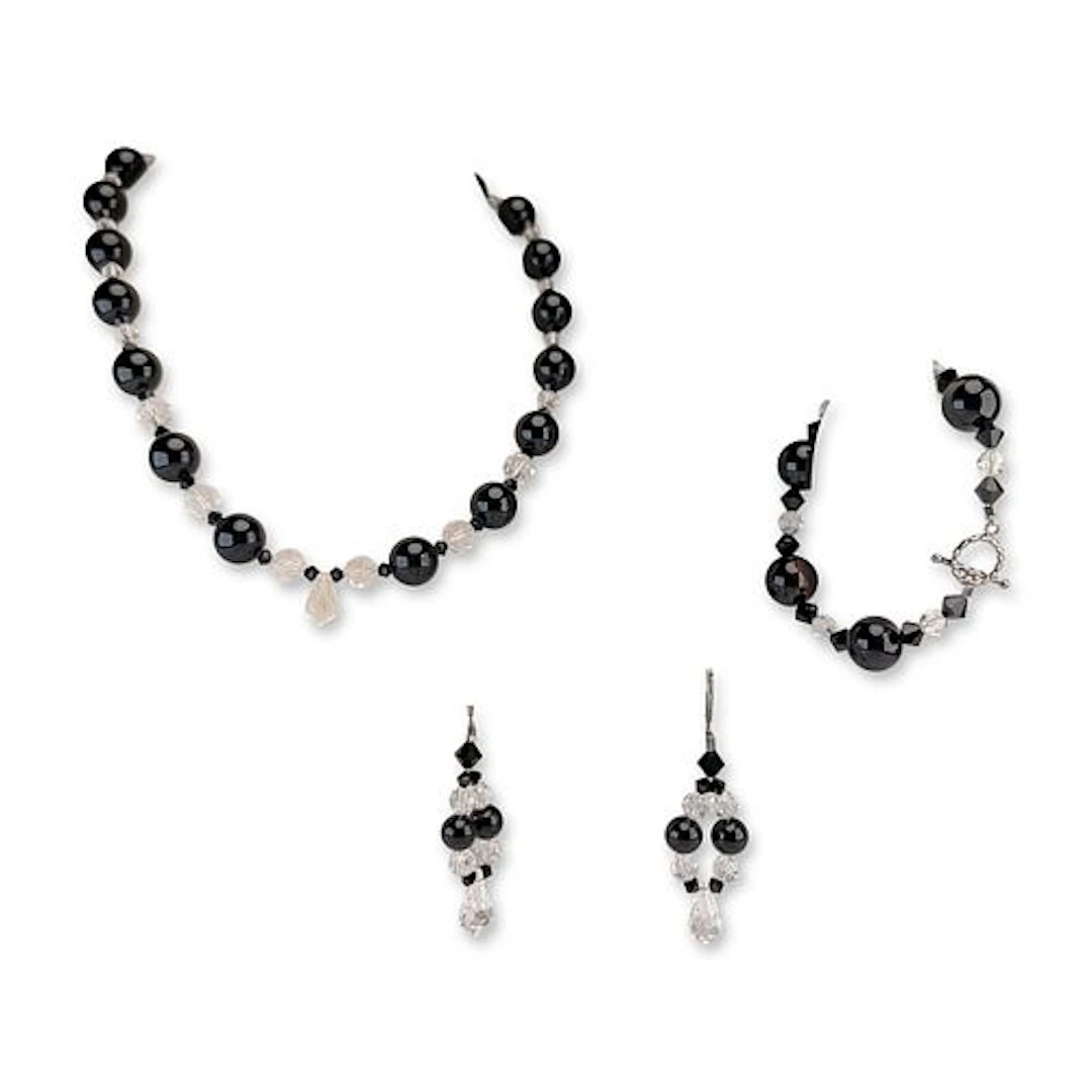 3pc Sterling Silver Black and Crystal Bead Jewelry Suite