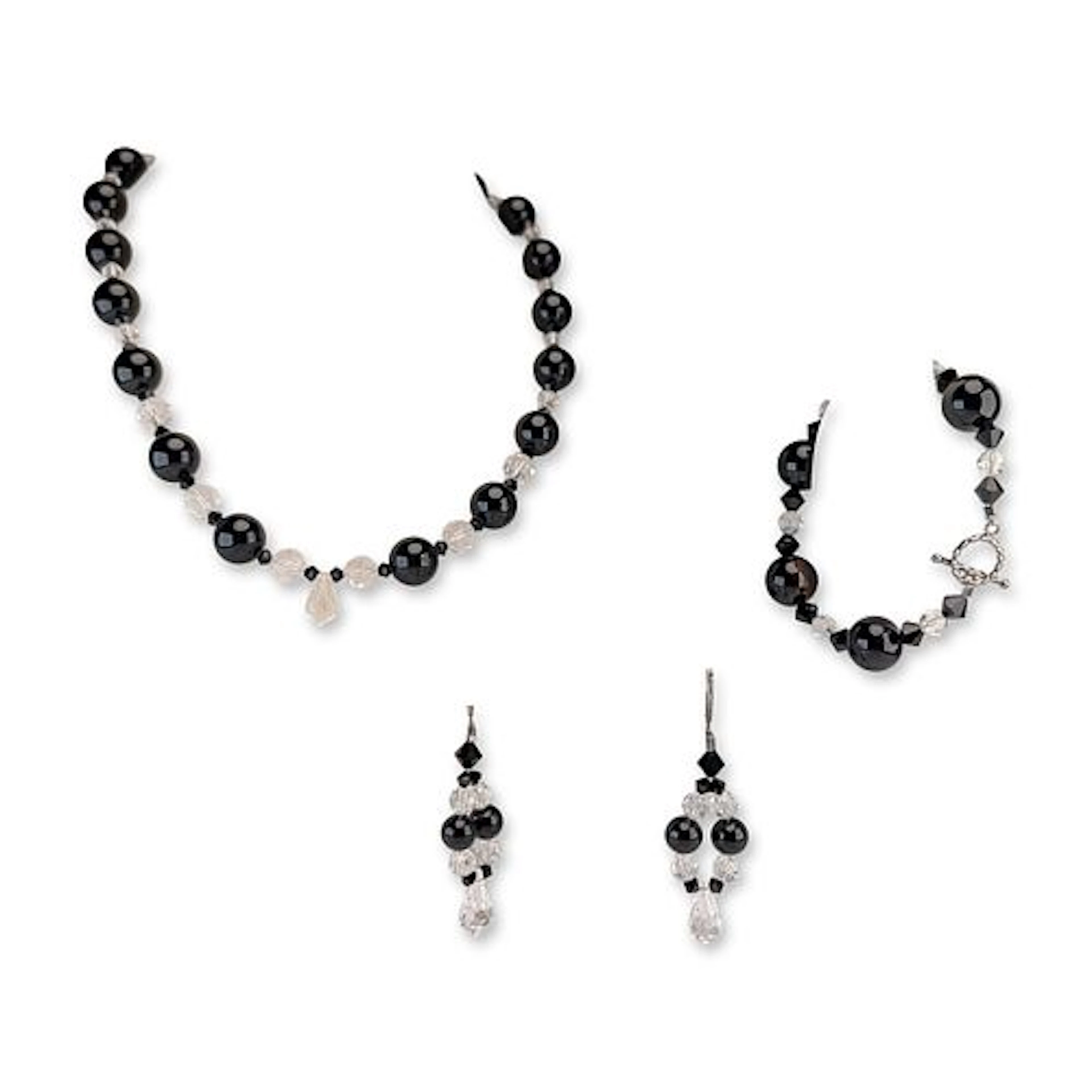 3pc Sterling Silver Black and Crystal Bead Jewelry Suite
