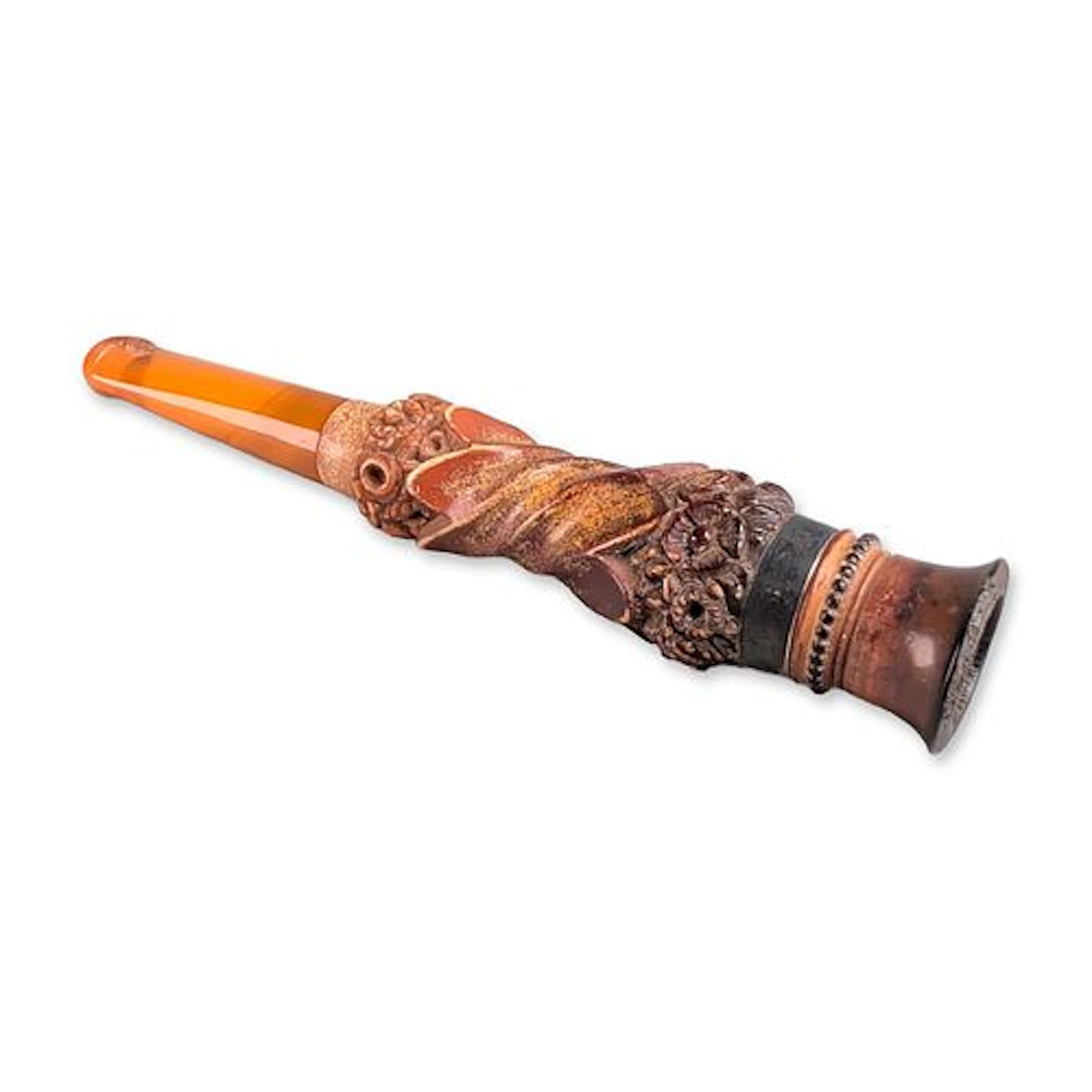 Carved Meerschaum and Amber Cigarette Holder with Case