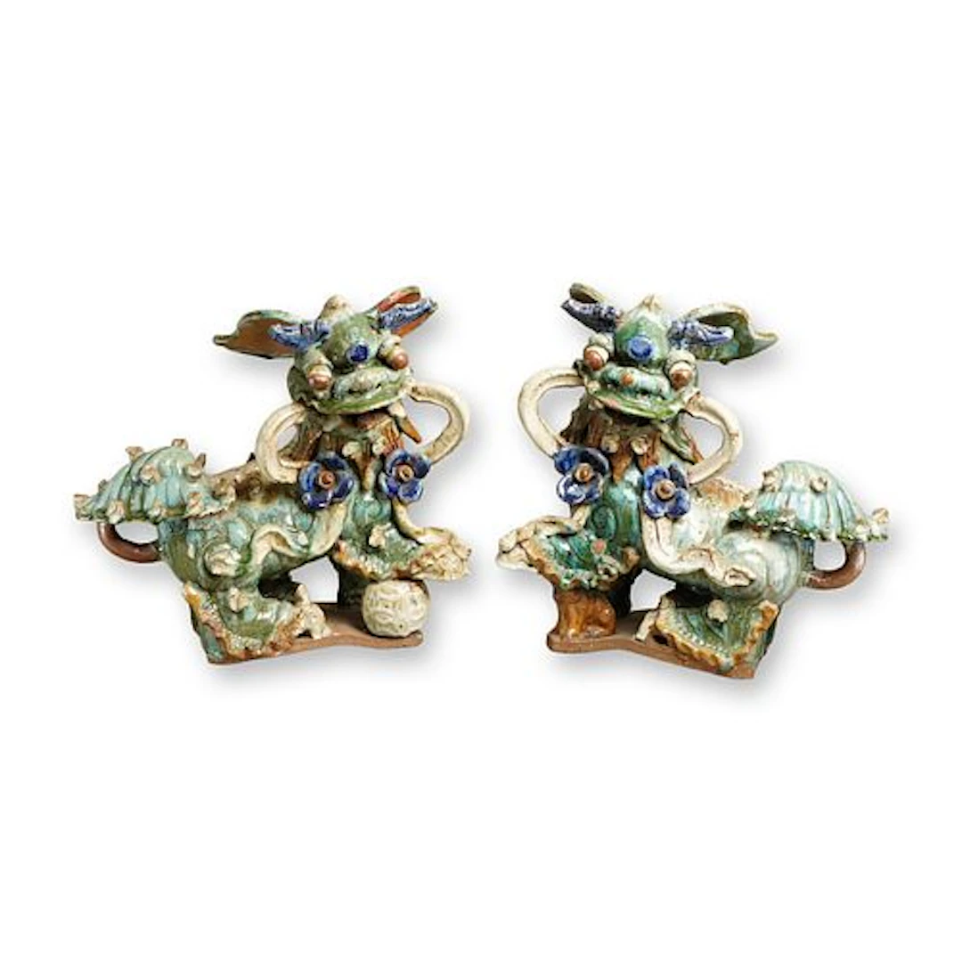 Pair of Chinese Glazed Pottery Guardian Lion Figures (Foo Dogs), 19th Century