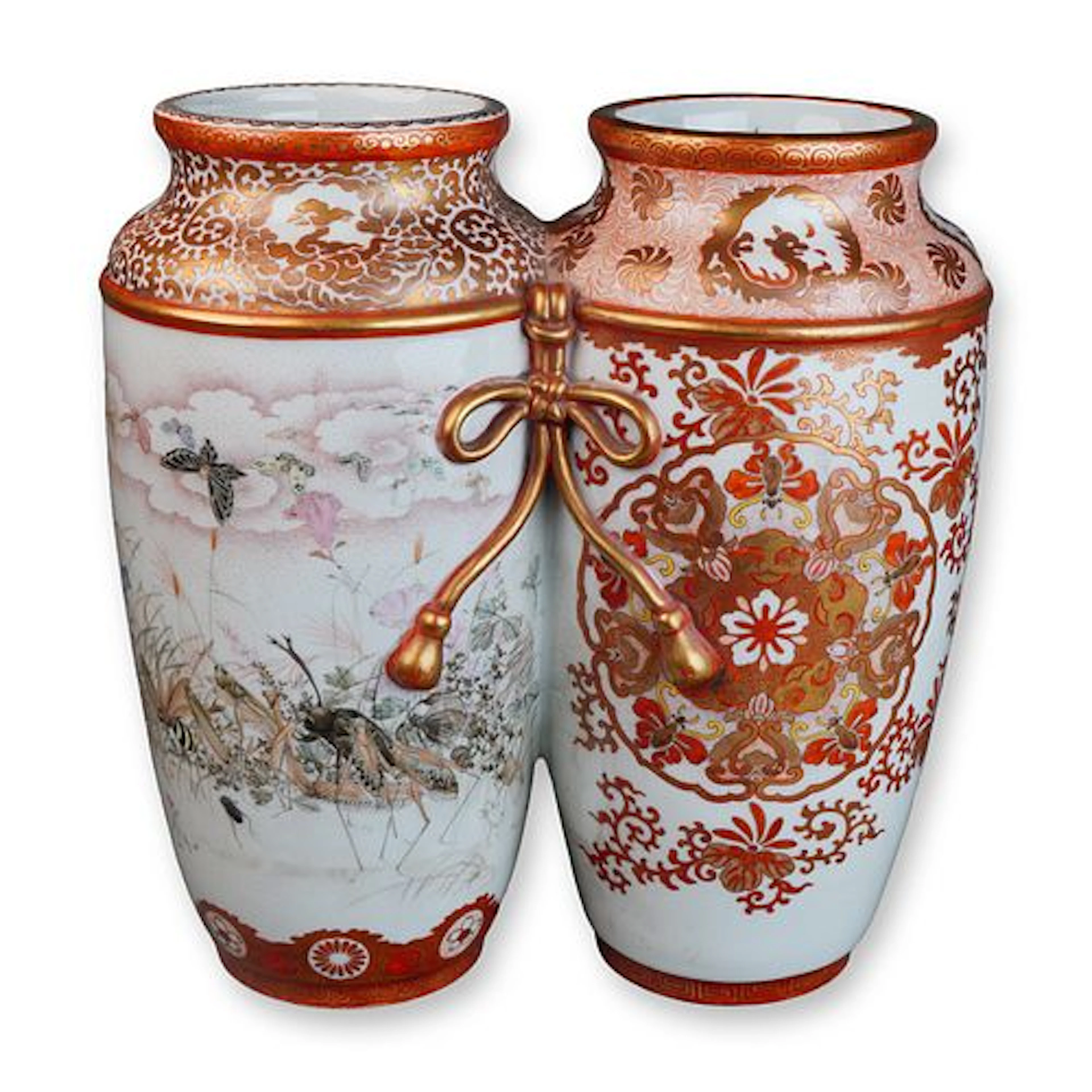 Japanese Kutani Porcelain Conjoined Twin Vase, Insect and Floral Motif