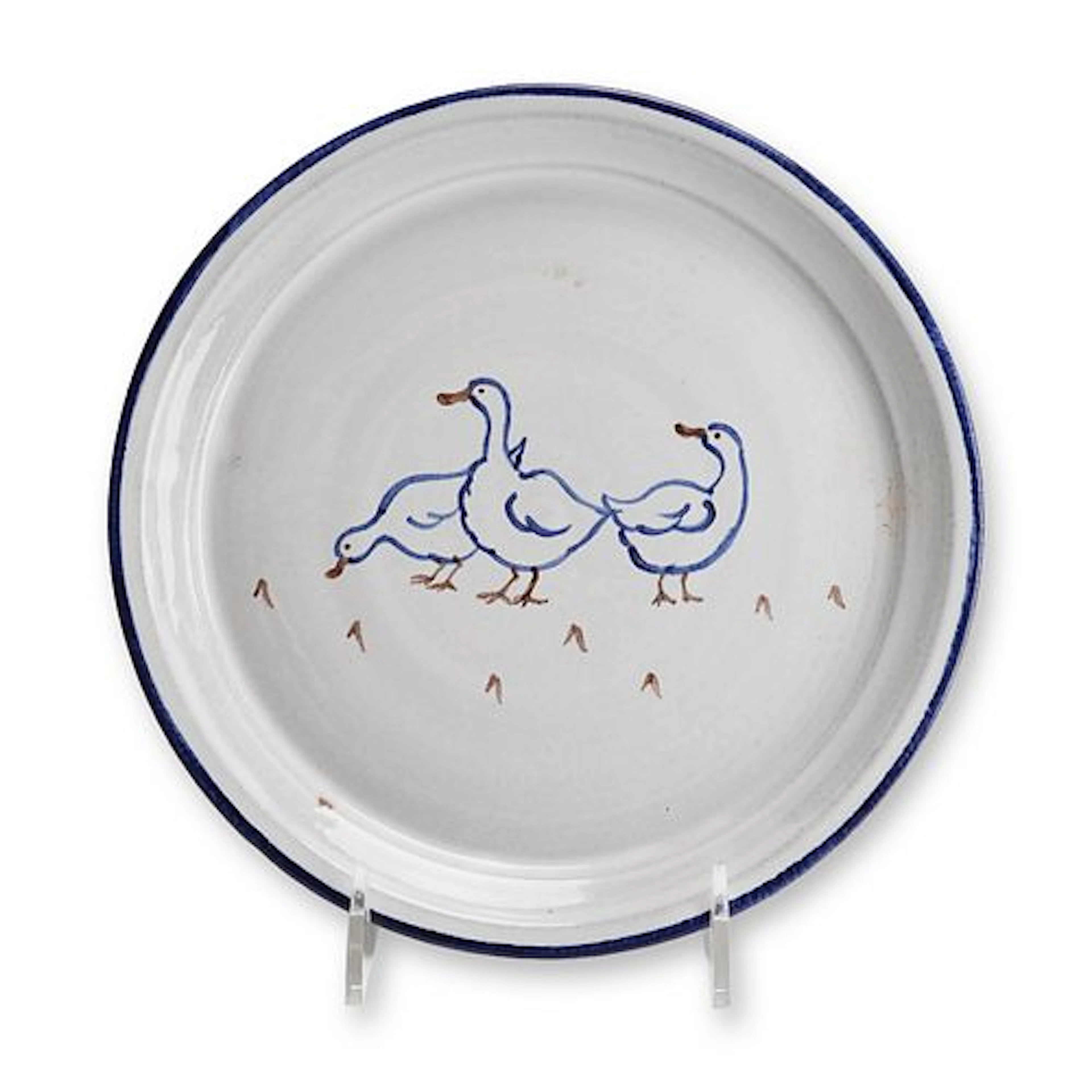 Studio Earthenware Plate with Stylized Duck Scene, Signed Valls, Dated 2014