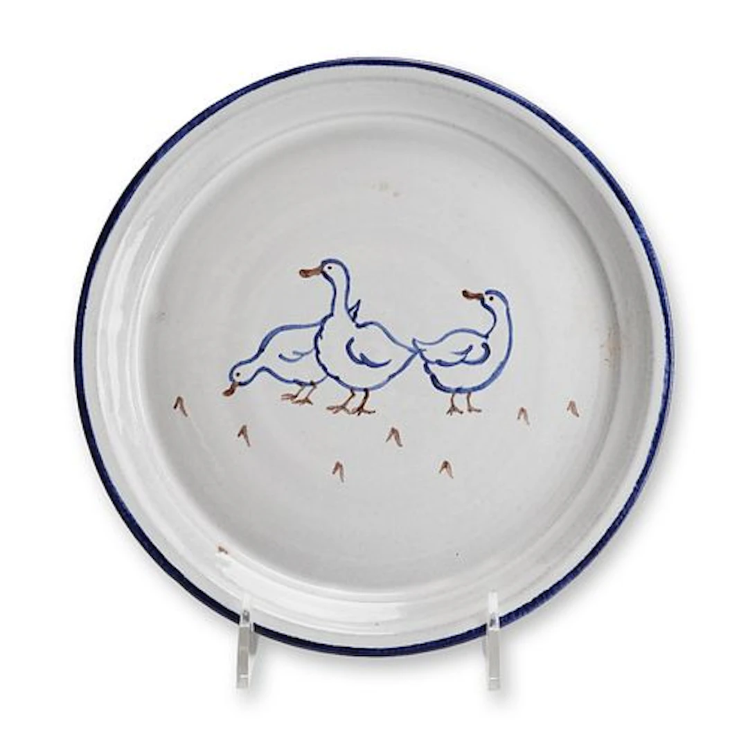Studio Earthenware Plate with Stylized Duck Scene, Signed Valls, Dated 2014