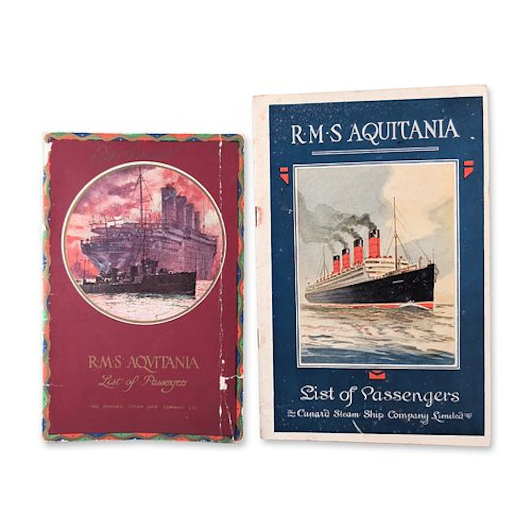 Two RMS Aquitania Cunard Line Passenger Lists