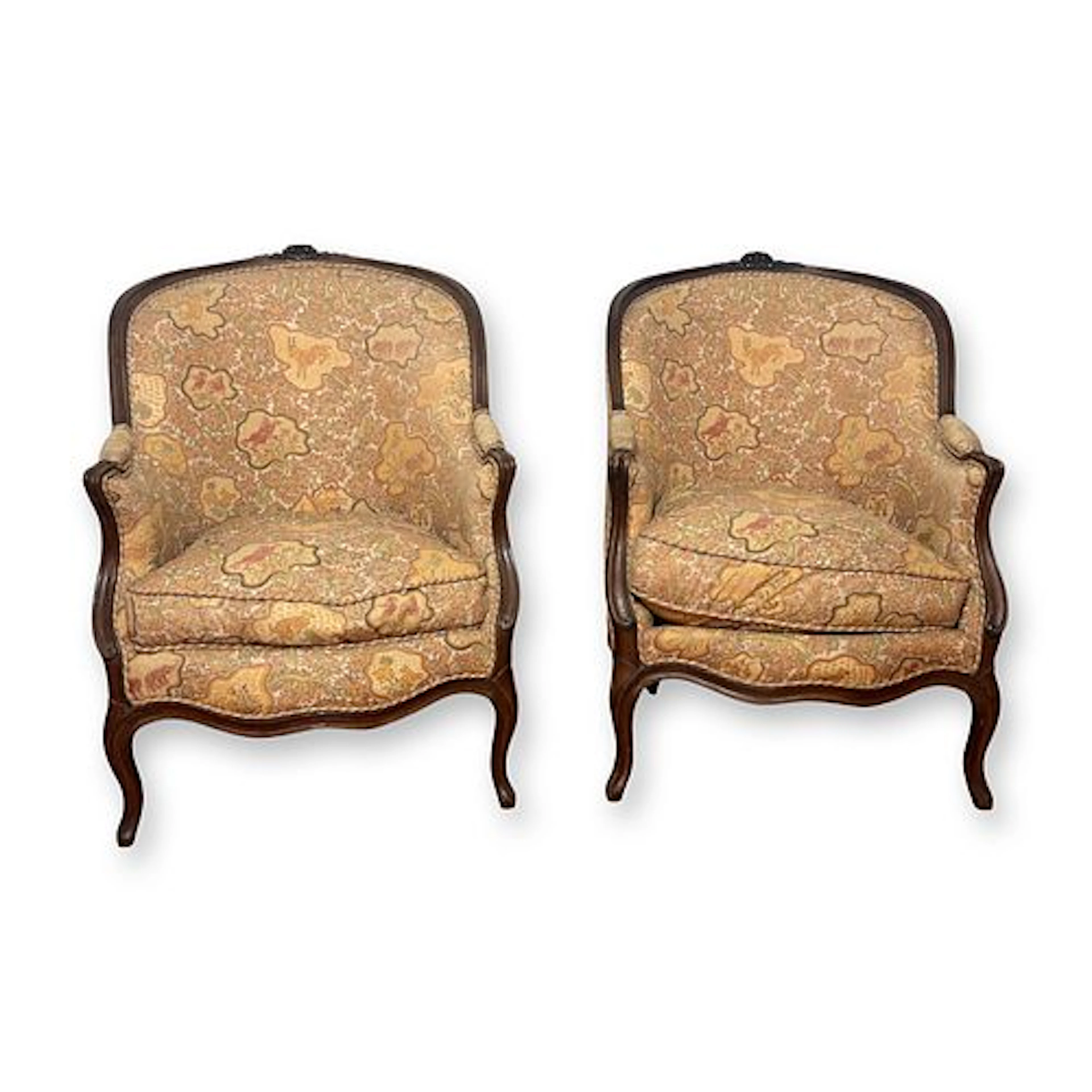 Pair of Louis XV Walnut Bergeres French Accent Armchairs