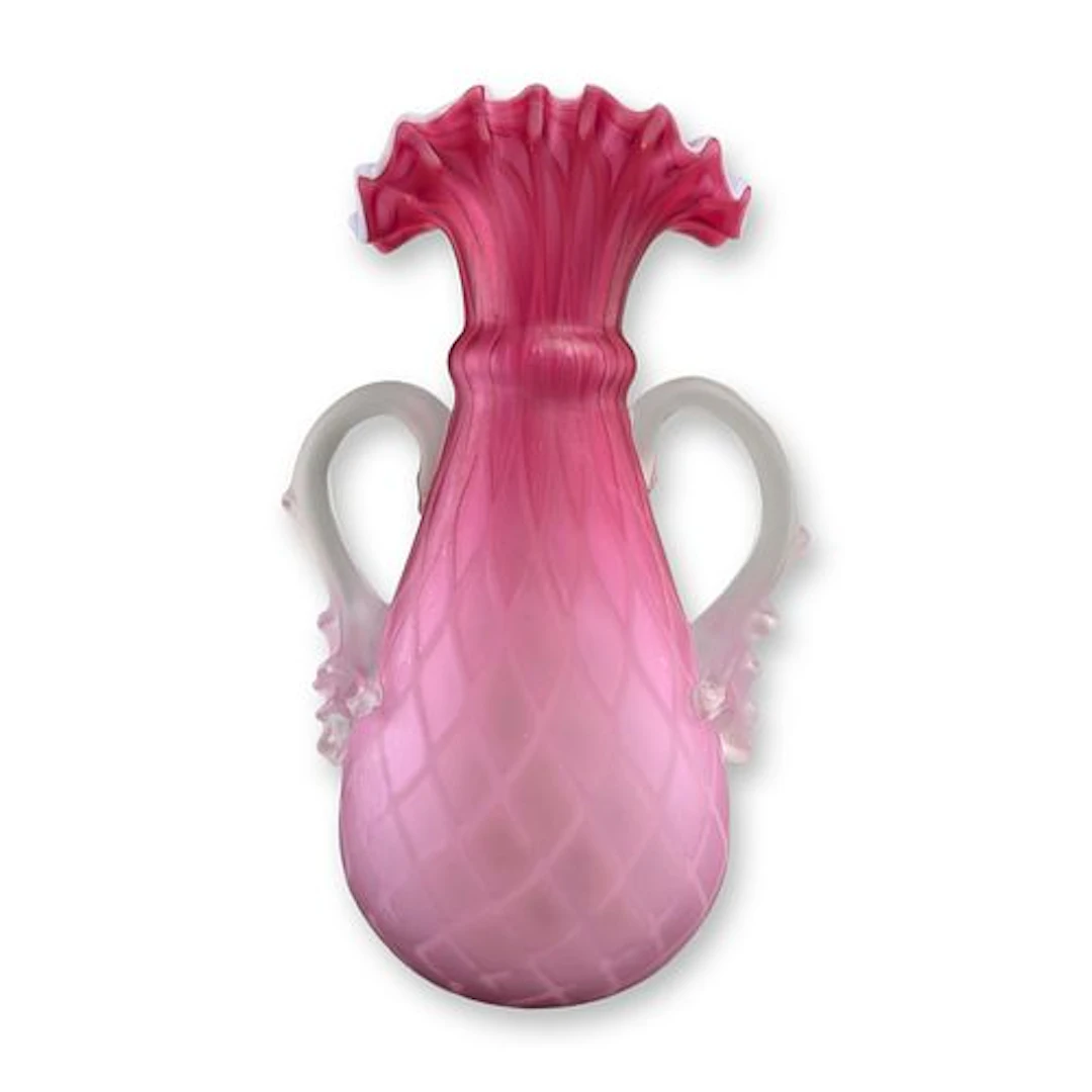 Victorian Mother of Pearl Rose Diamond Quilted Satin Glass Vase with Handles