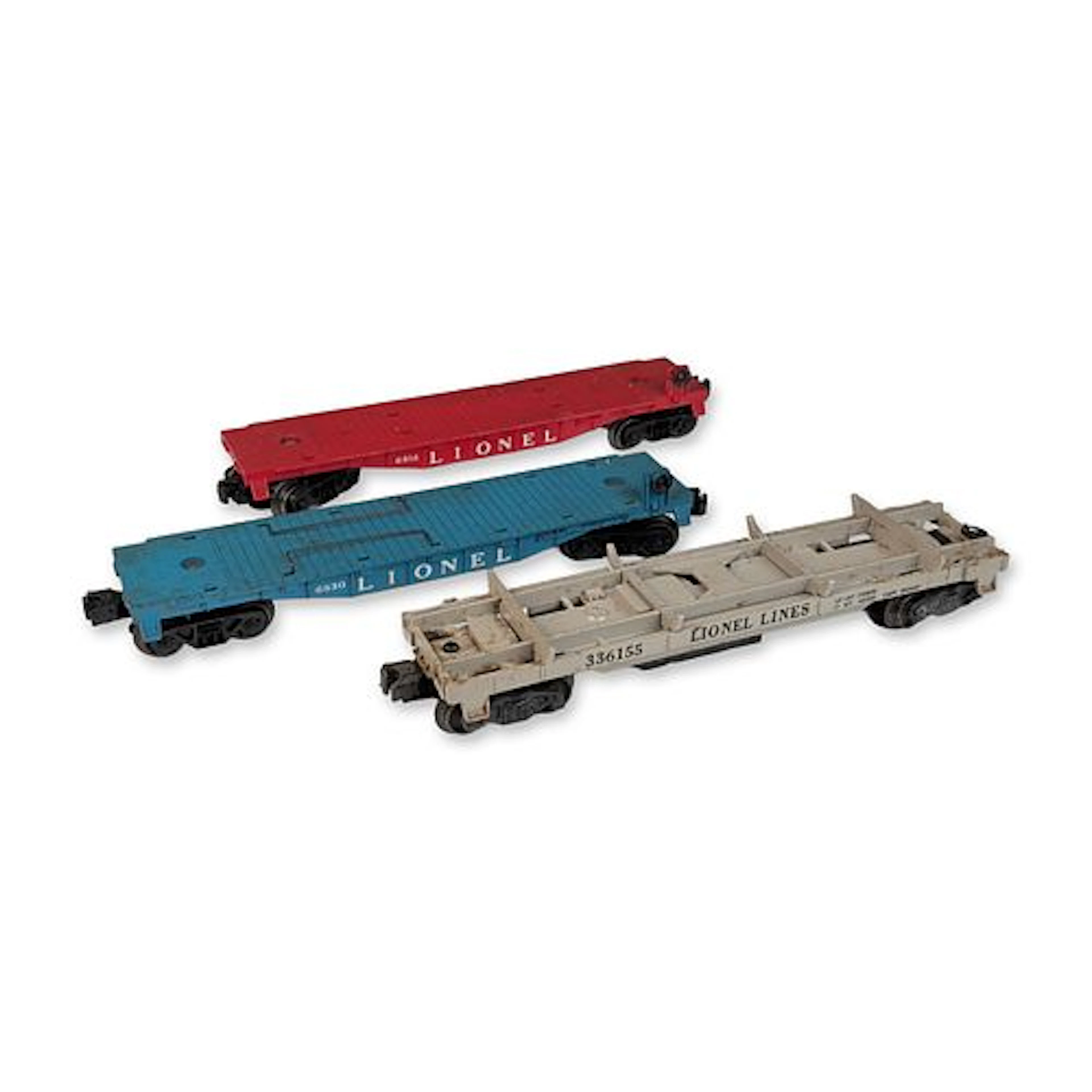 Three Lionel Postwar Trains O-Gauge 3361 Lumber Car, 6816 Flat Car