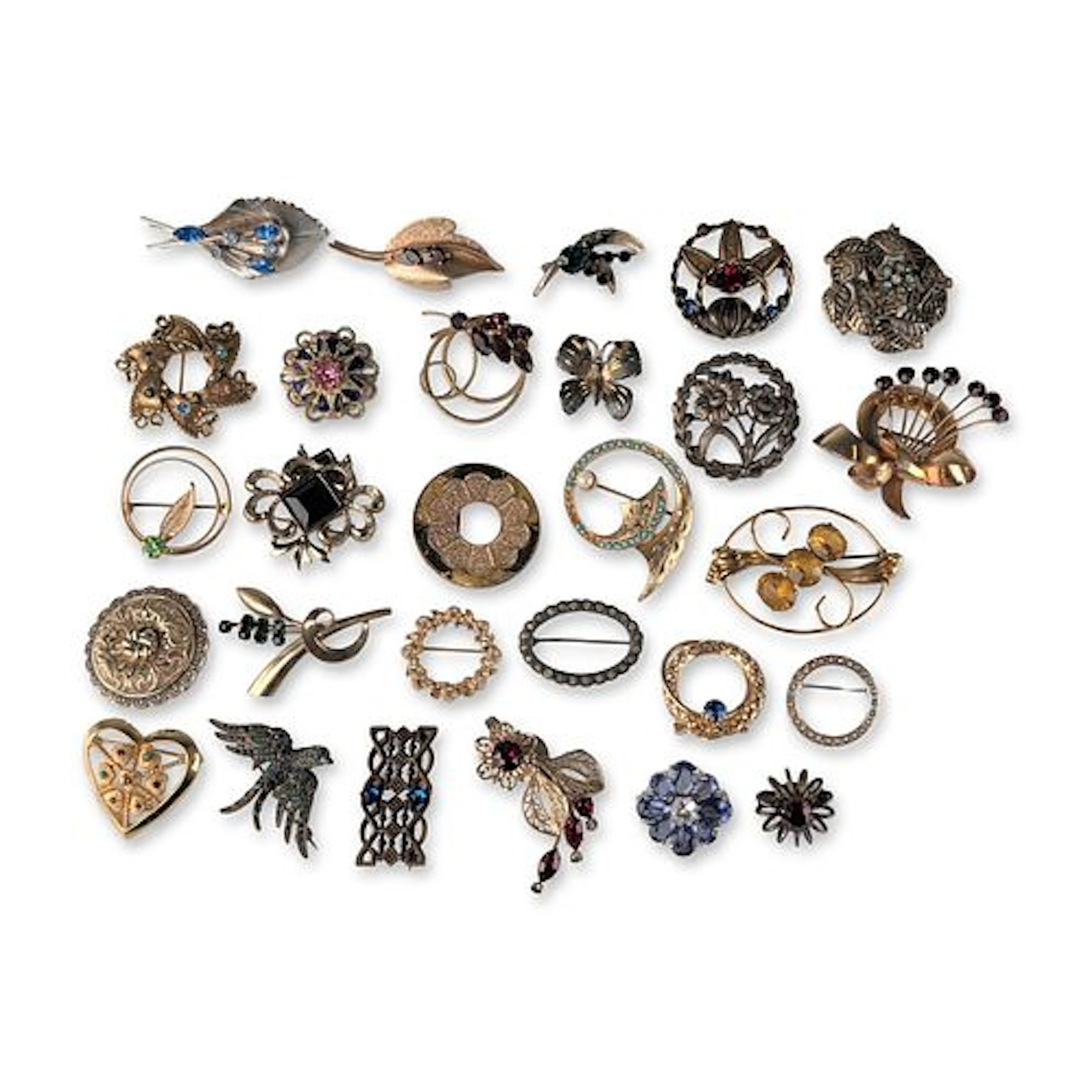 28pc Vintage Costume Jewelry Floral, Geometric, and Romantic Brooch Pins