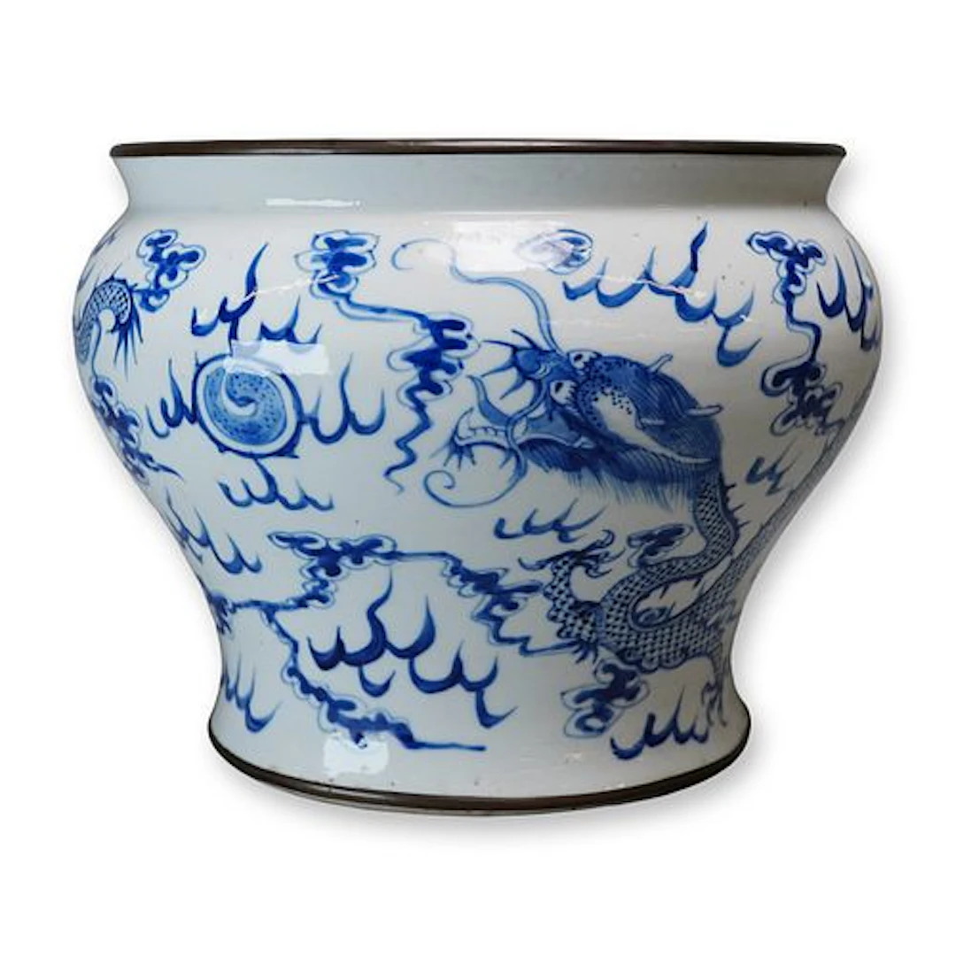 Blue and White Dragon Vase with Copper Rim