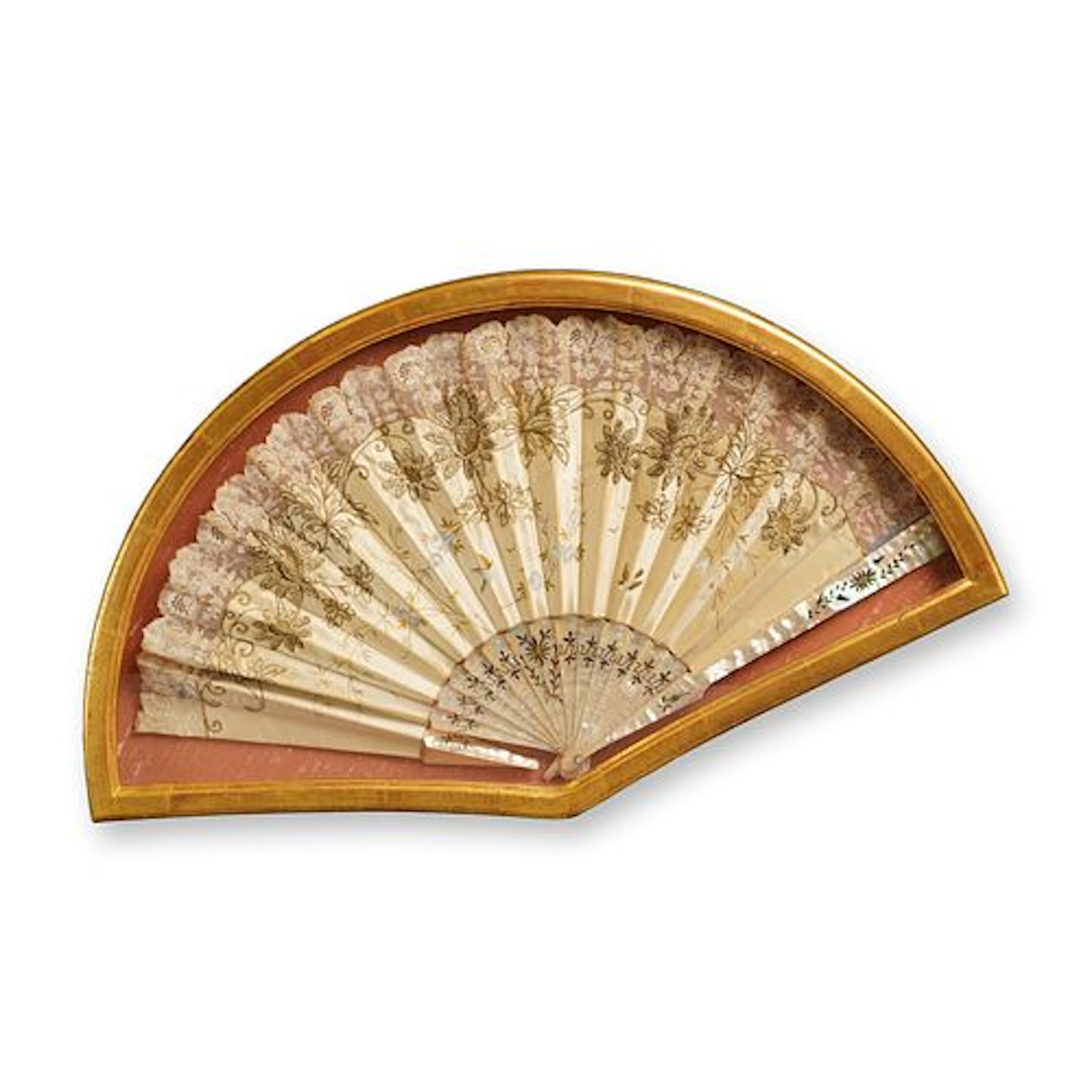 European Mother of Pearl Folding Fan with Floral Metallic Sequins Design