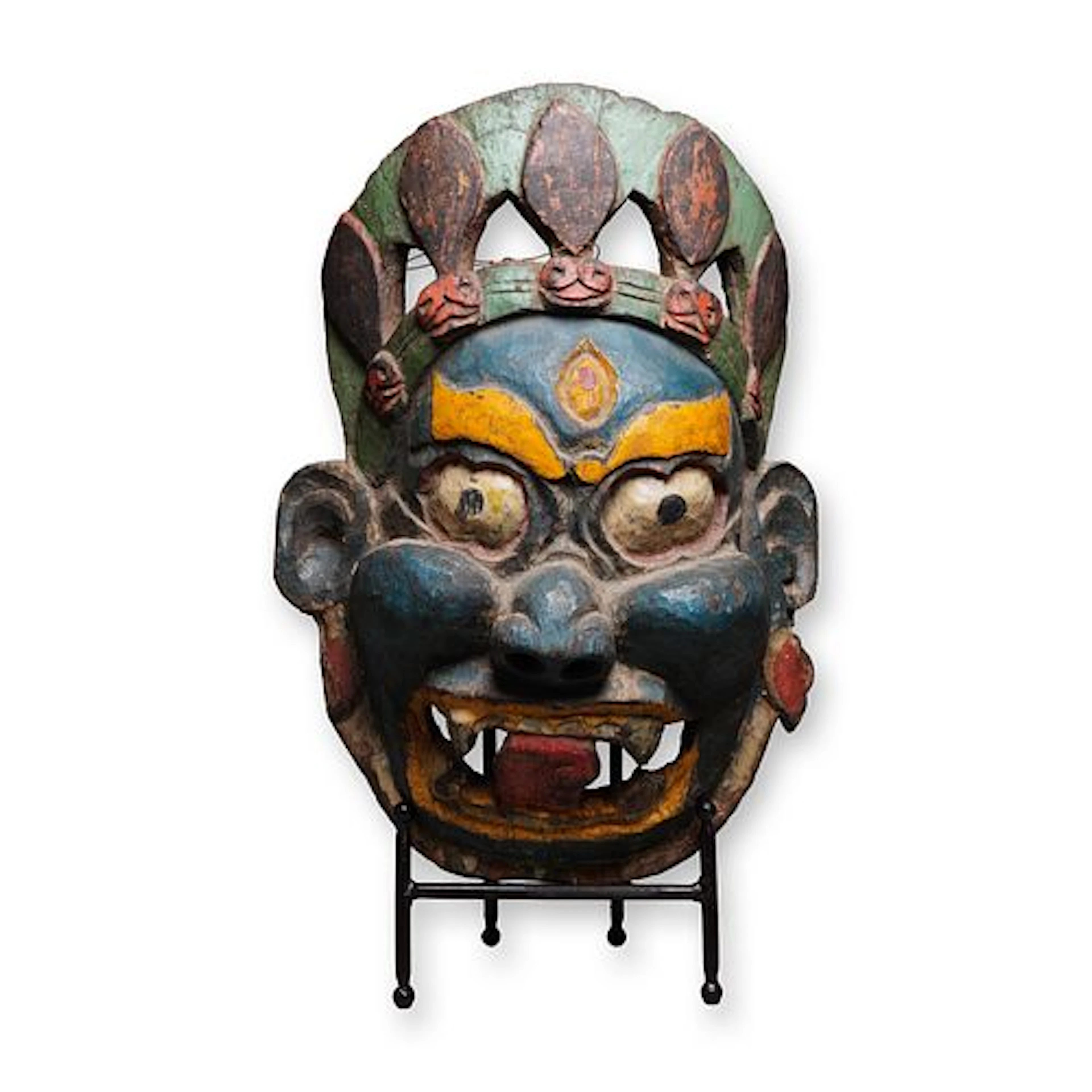 Large Tibetan Carved Wood and Polychrome Mask of a Demon