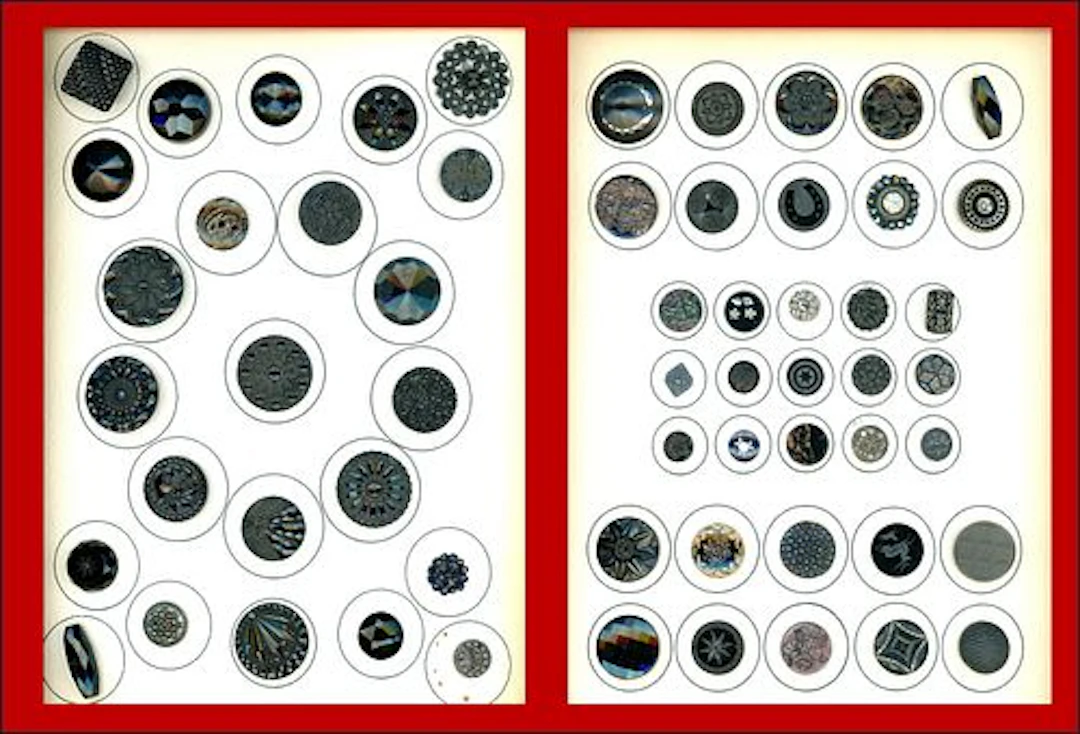 2 CARDS OF DIVISION ONE BLACK GLASS BUTTONS